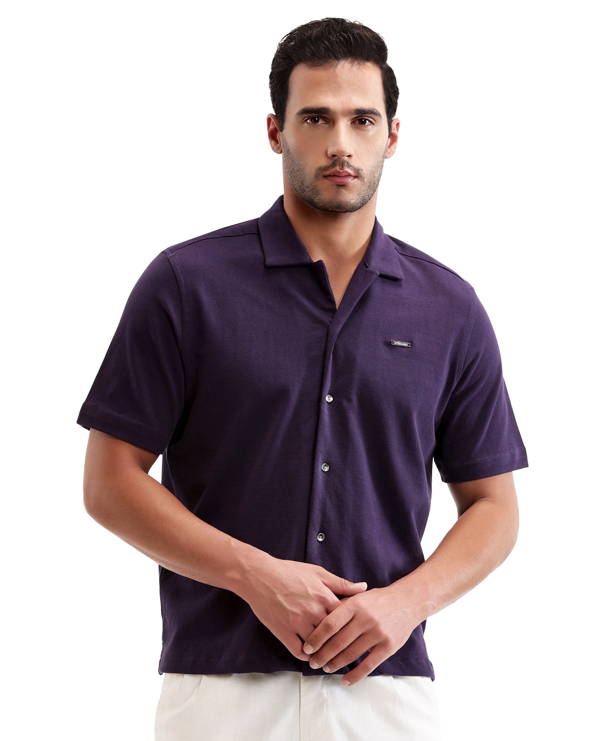 Deep Purple Pique Knit Shirt with 7C Metal Buttons, Gun Metal Badge