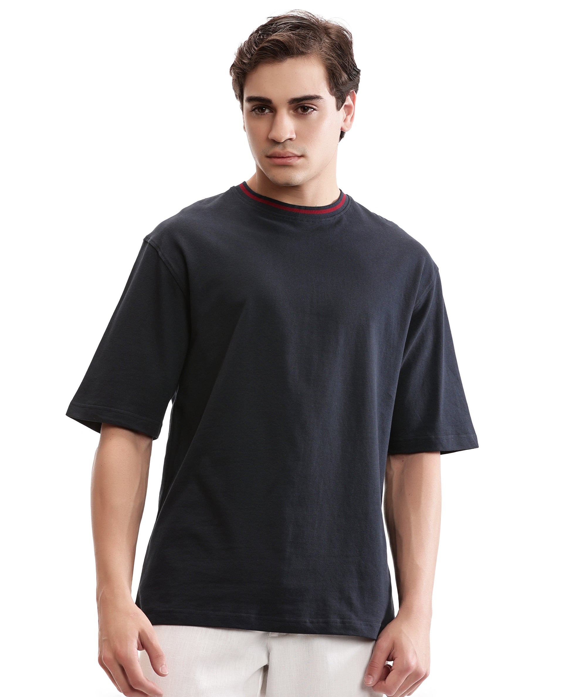 Midnight Navy Blue Pique Crew Neck Oversized T-Shirt with Bordeaux Maroon Piping