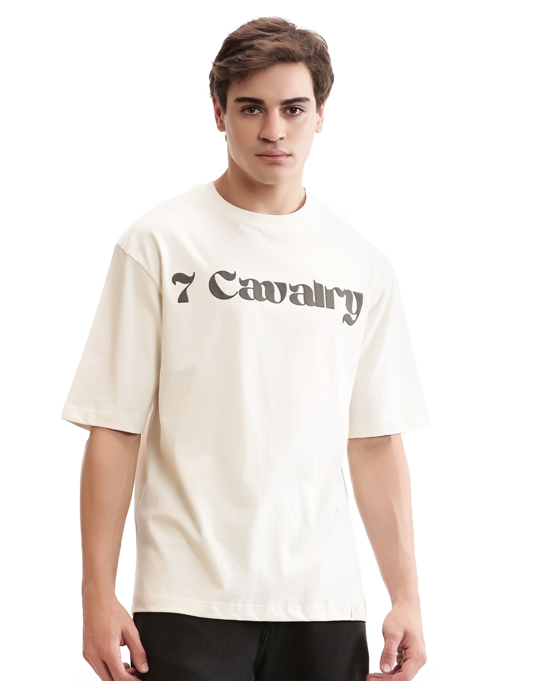 Ivory White Single Jersey Crew Neck Oversized T-Shirt with Charcoal Black Puff Print