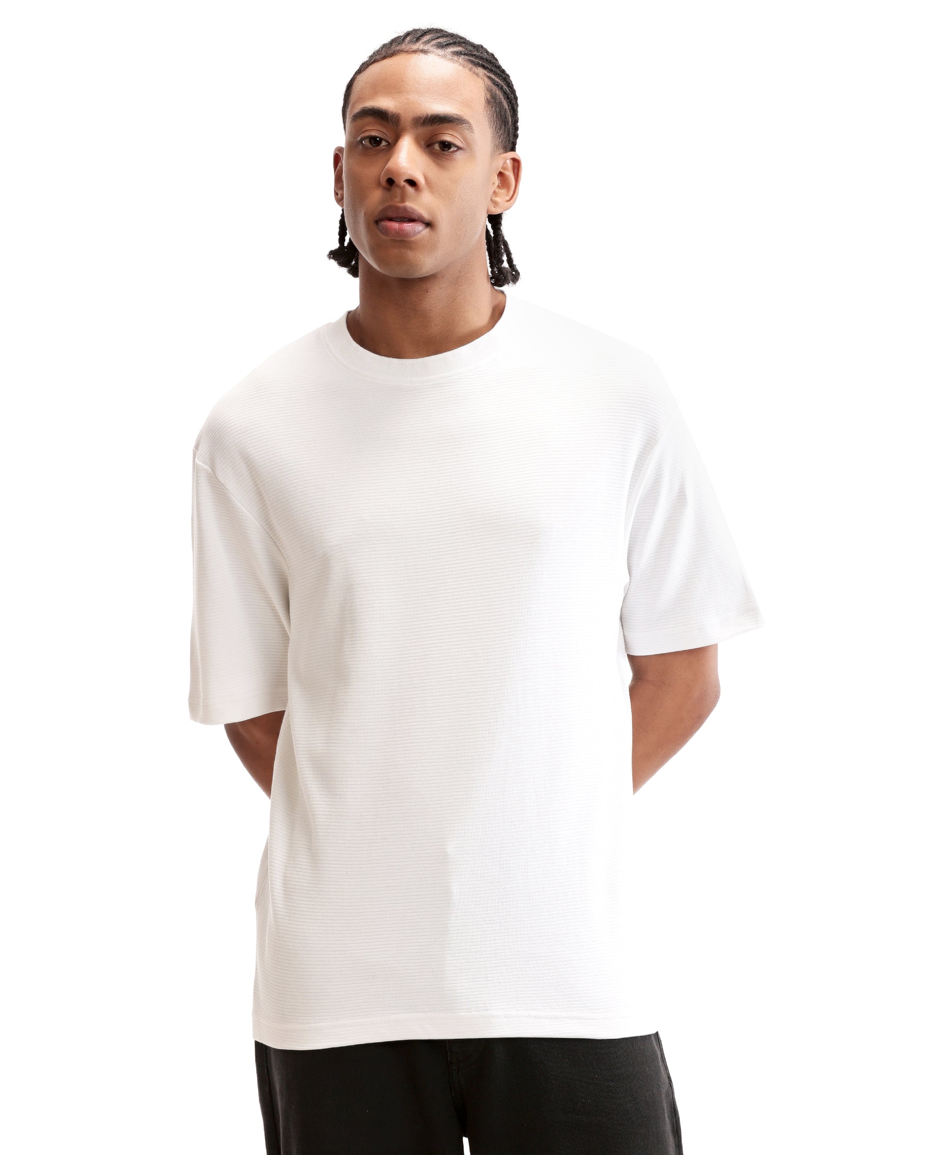 Pure White Knitted Ottoman Crew Neck Oversized T-Shirt