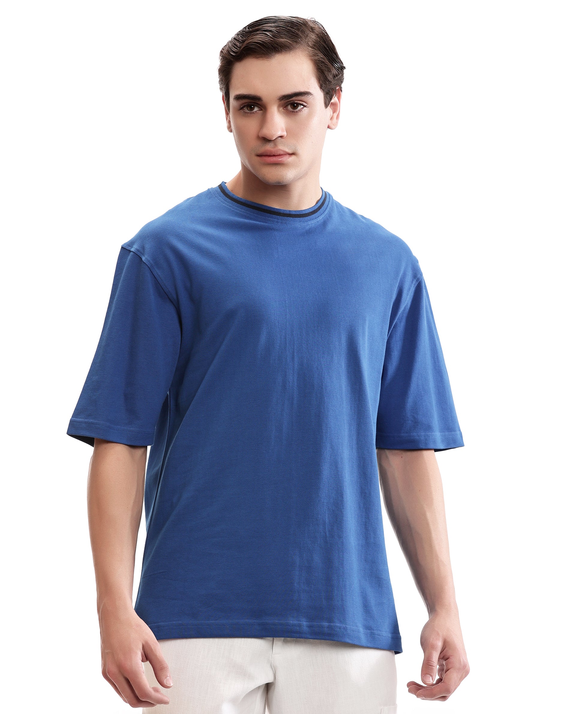 Imperial Prussian Blue Pique Crew Neck Oversized T-Shirt with Midnight Navy Blue Piping