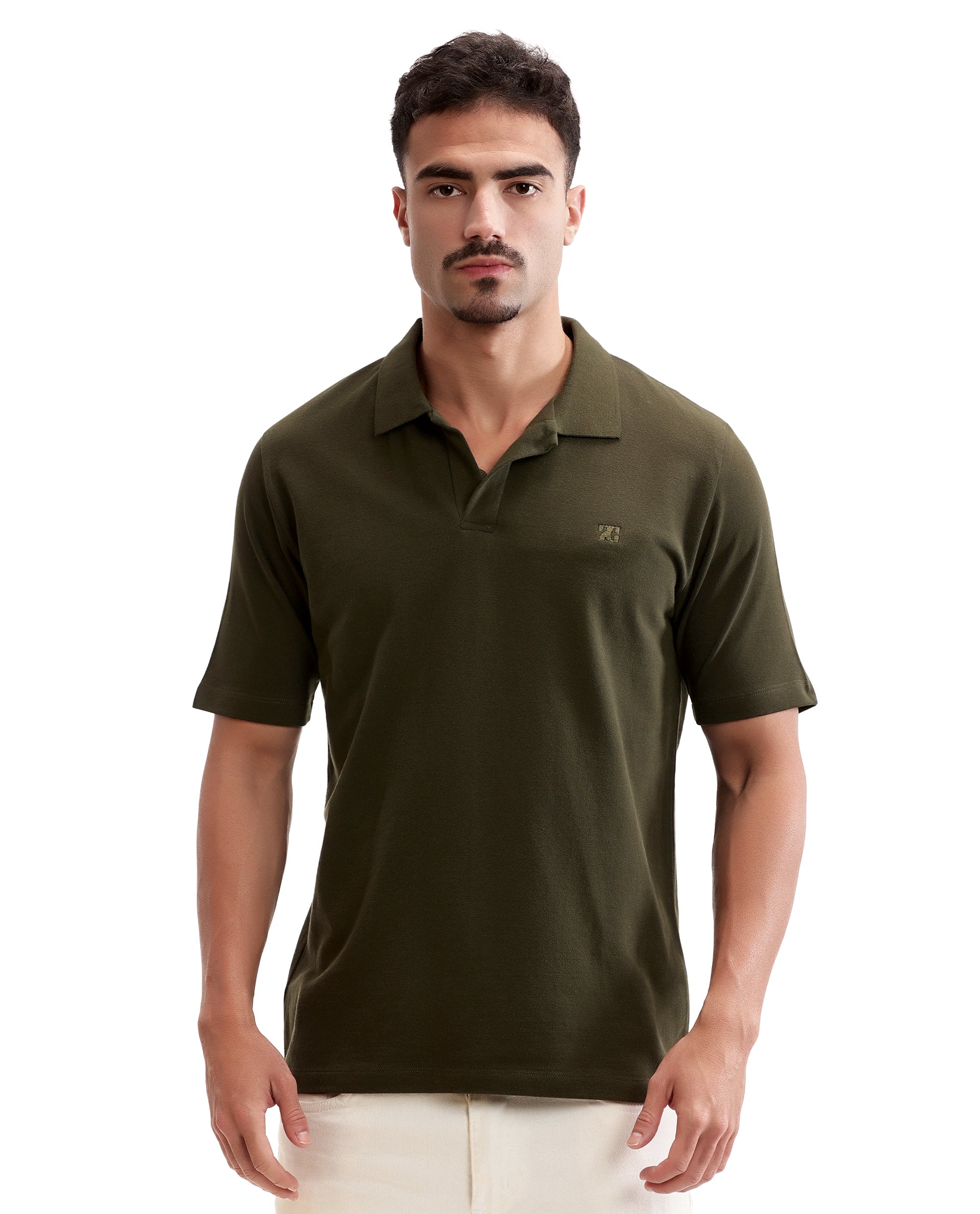 Vintage Olive Johnny Collar Pique Polo with Tone-on-Tone 7C Embroidery