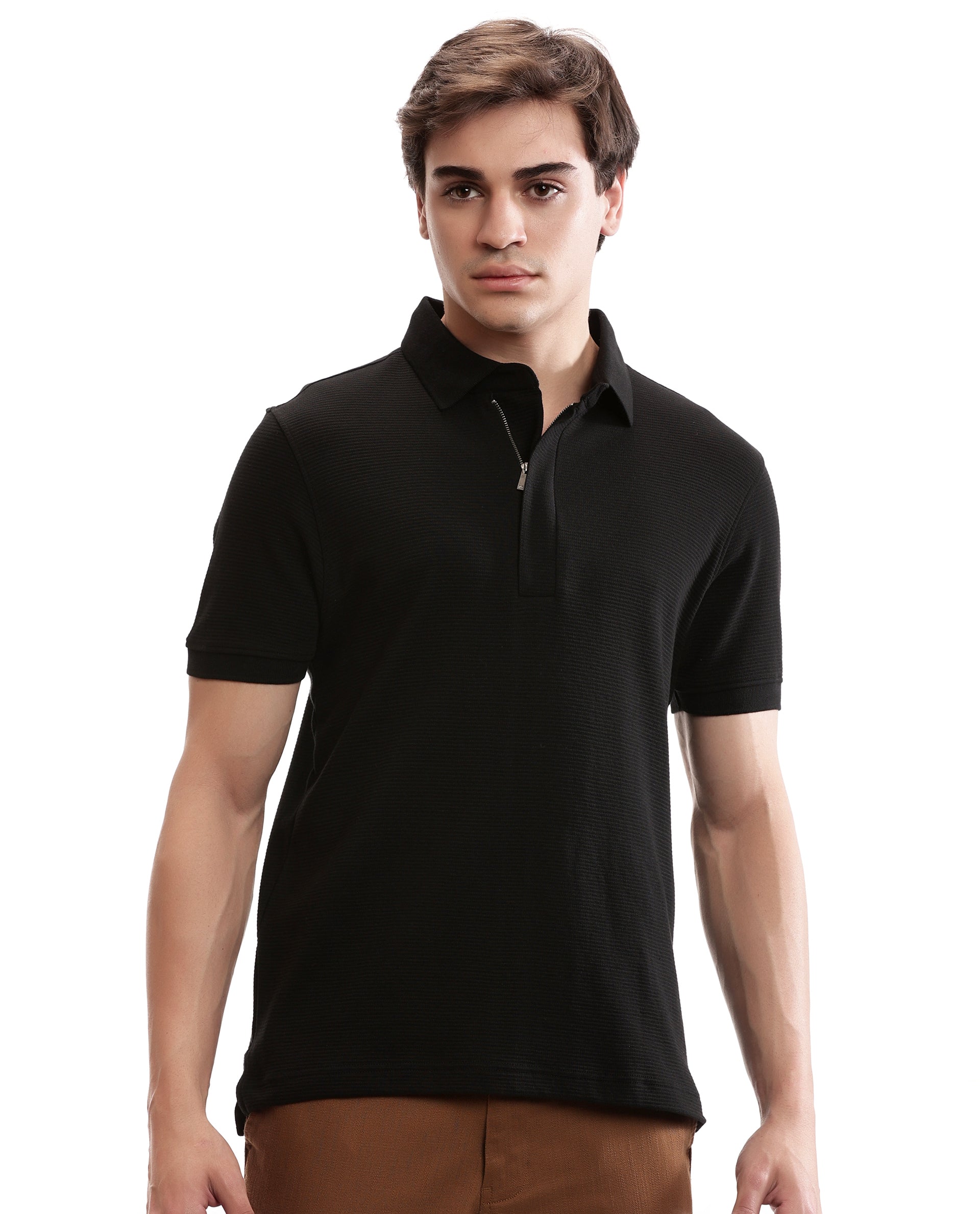 Charcoal Black Knitted Ottoman Polo with 7C Metal Zip