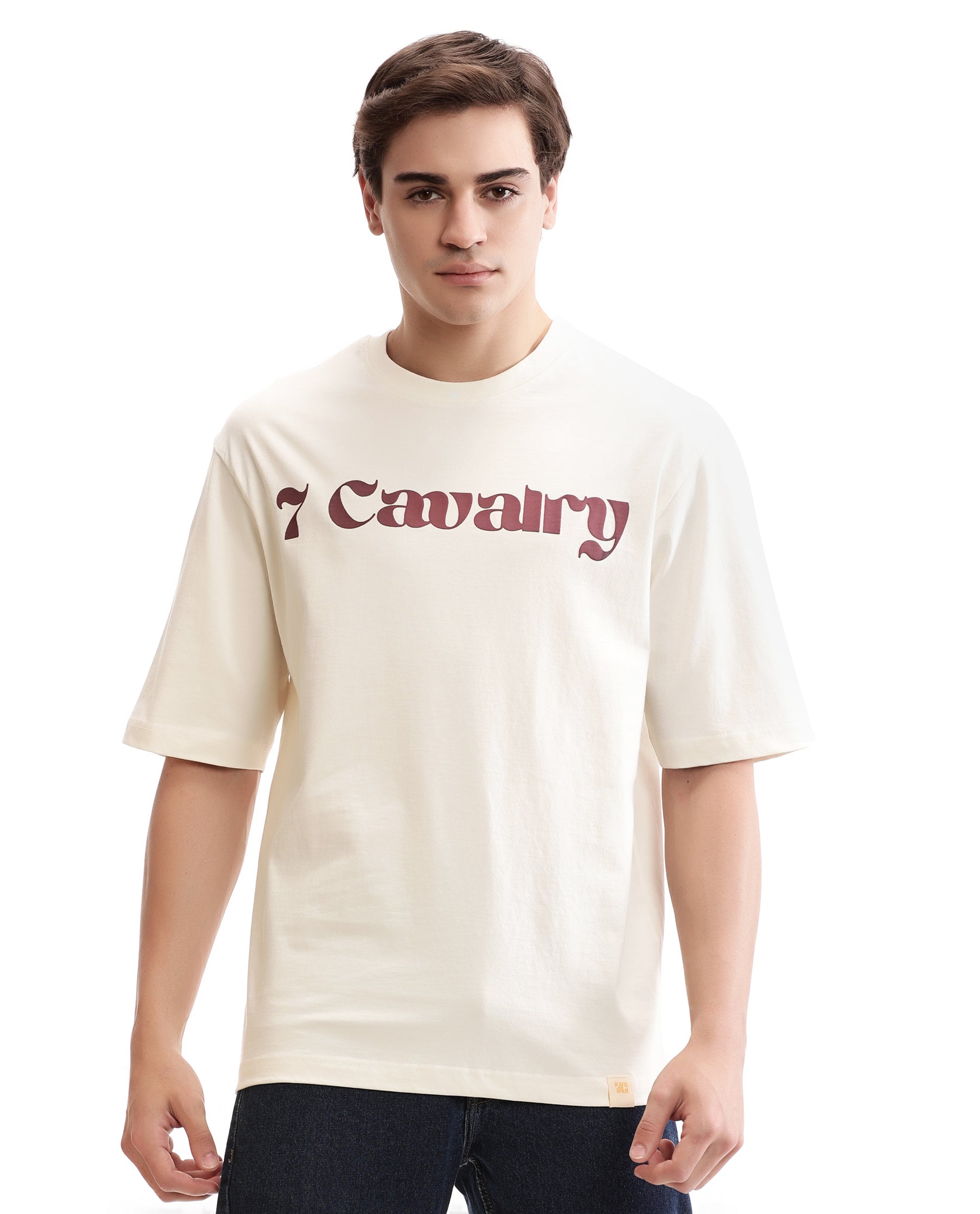 Ivory White Single Jersey Crew Neck Oversized T-Shirt with Bordeaux Maroon Puff Print