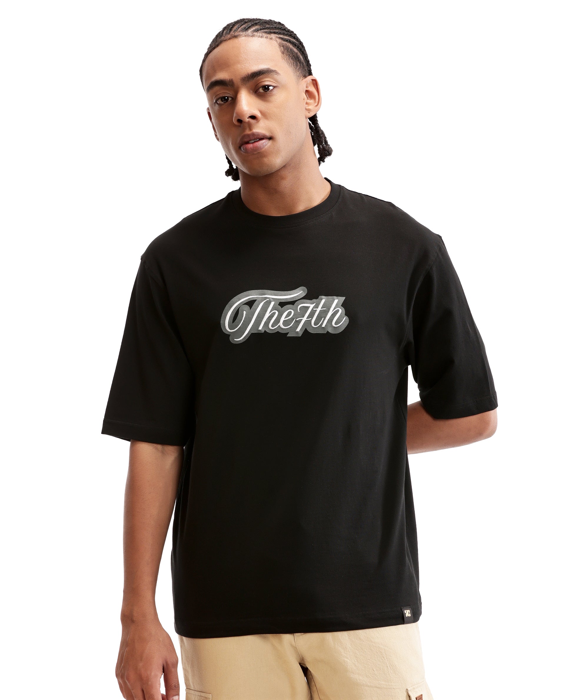Charcoal Black Single Jersey Crew Neck Oversized T-Shirt with Charcoal Grey Print & Pure White 7C Embroidery