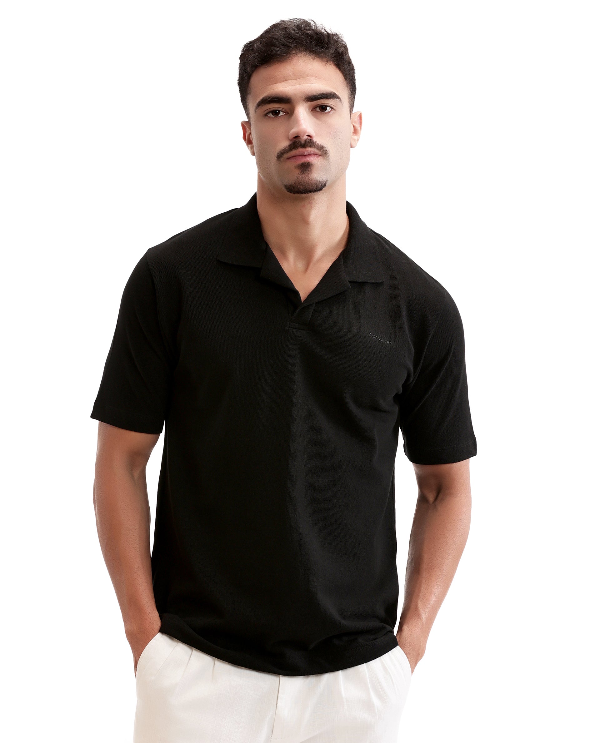 Charcoal Black Pique Johnny Collar Polo with HD Print
