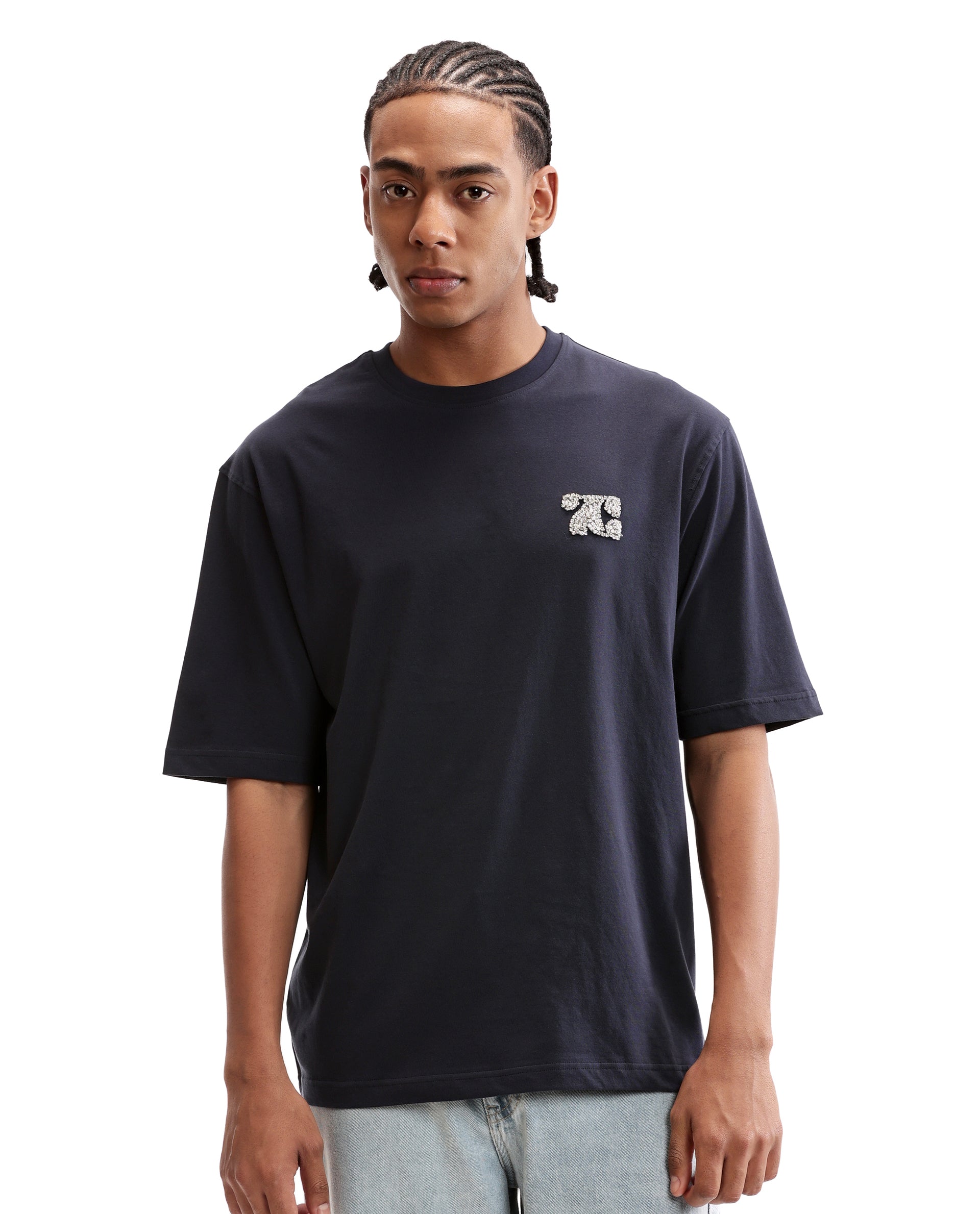 Midnight Navy Blue Single Jersey Crew Neck Oversized T-Shirt with Crystal Finish Rhinestones