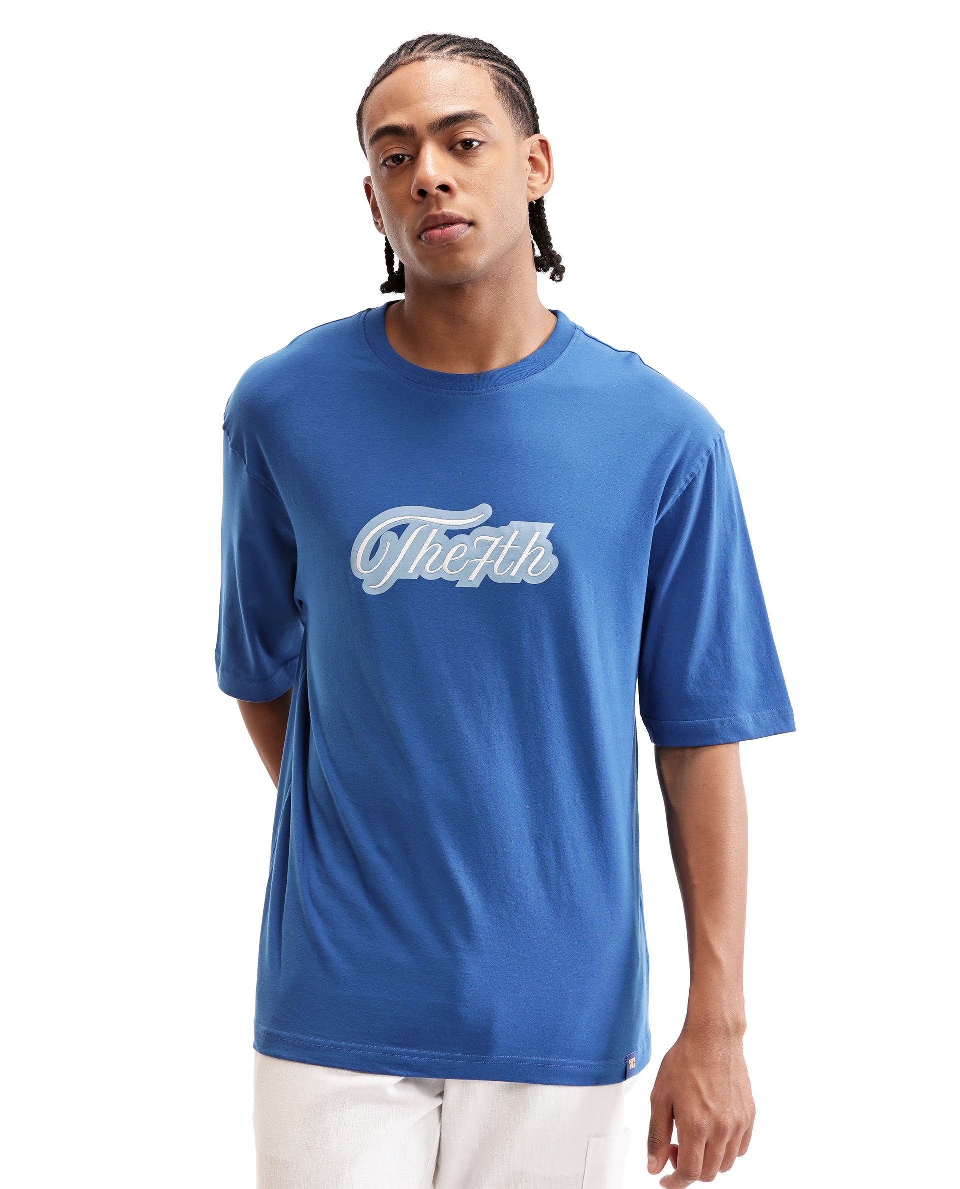 Imperial Prussian Blue Single Jersey Crew Neck Oversized T-Shirt with Light Blue Print & Pure White 7C Embroidery