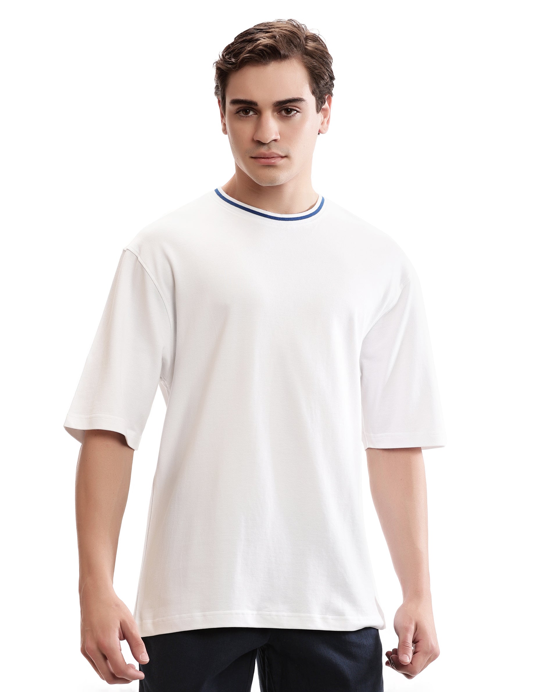 Pure White Pique Crew Neck Oversized T-Shirt with Imperial Prussian Blue Piping