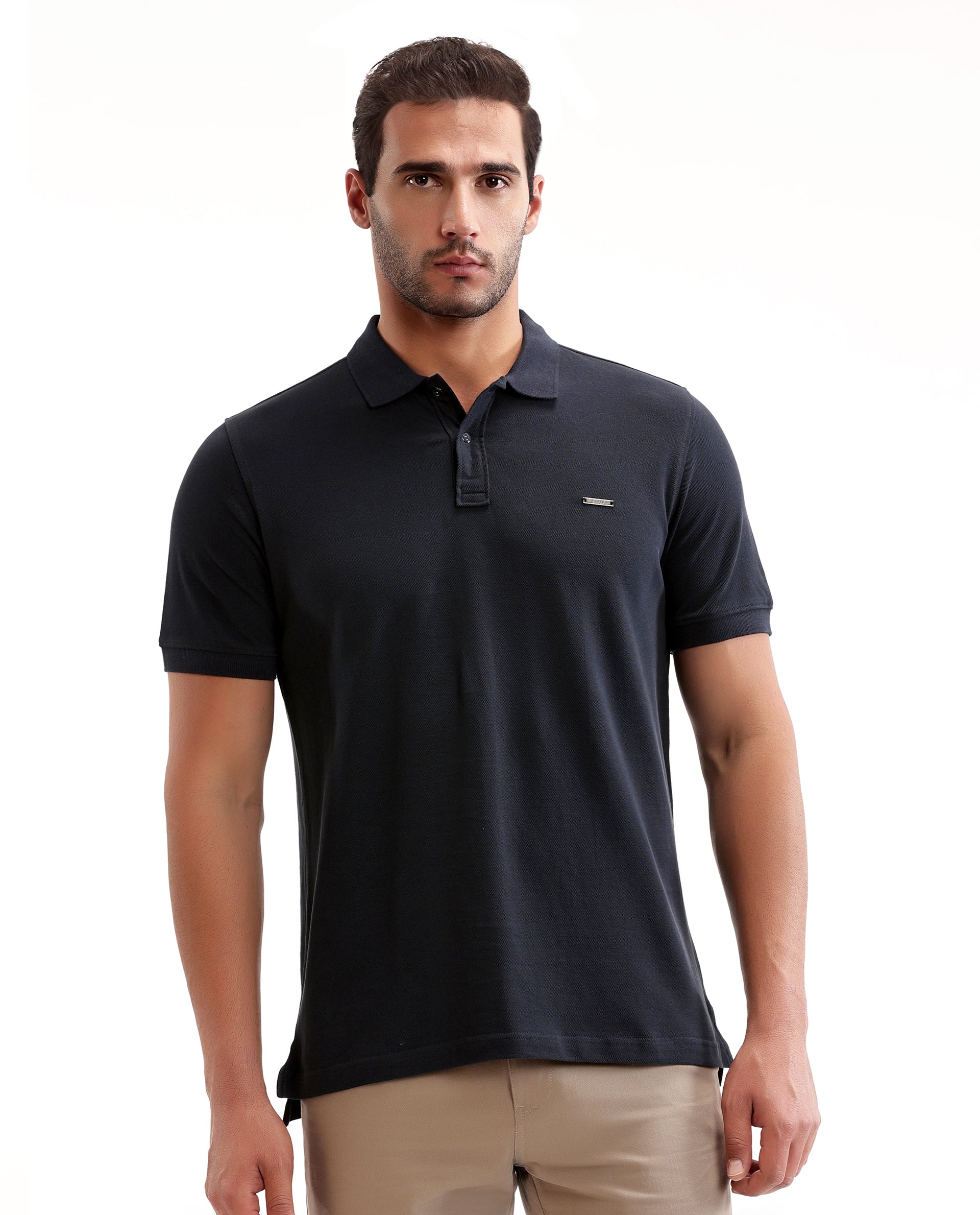 Midnight Navy Blue Pique Polo with 7C Snap Buttons, Metal Badge
