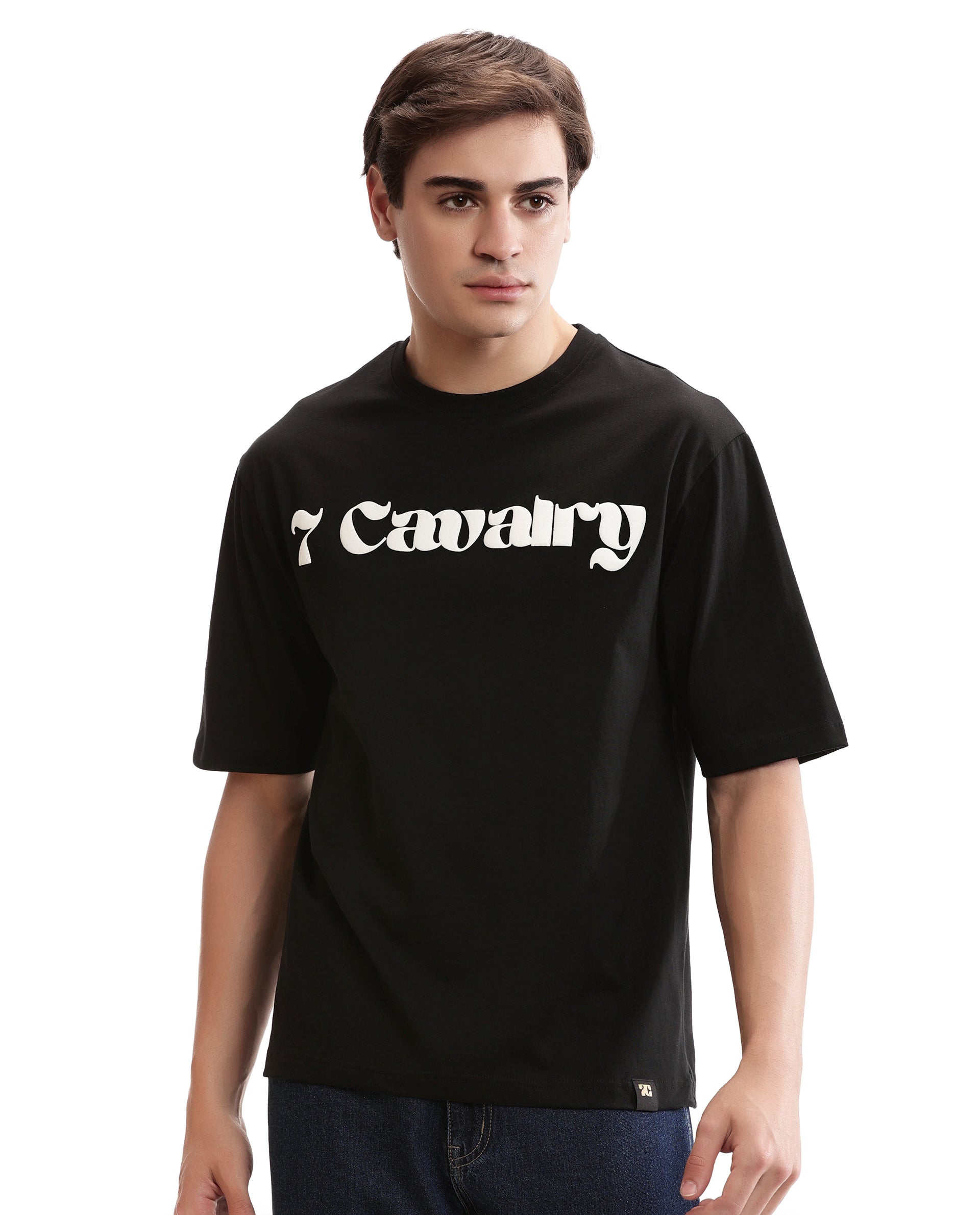 Charcoal Black Single Jersey Crew Neck Oversized T-Shirt with Pure White Puff Print