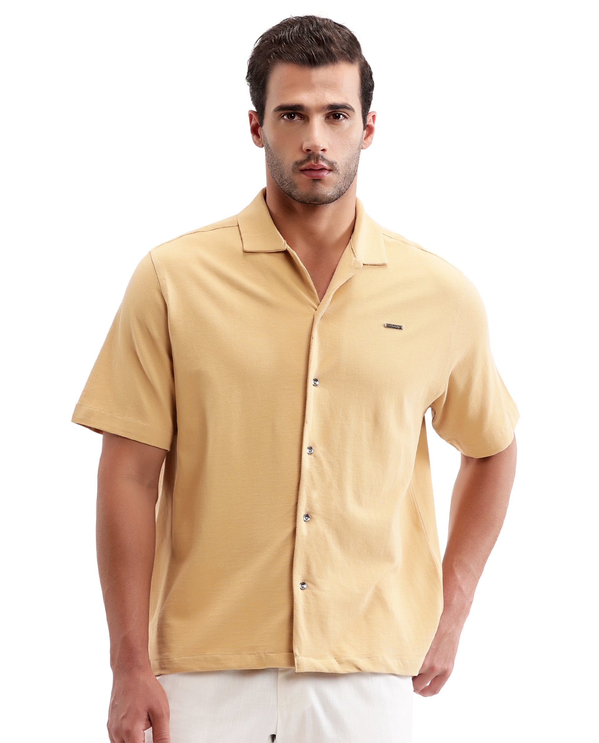 Camel Beige Pique Knit Shirt with 7C Metal Buttons, Gun Metal Badge