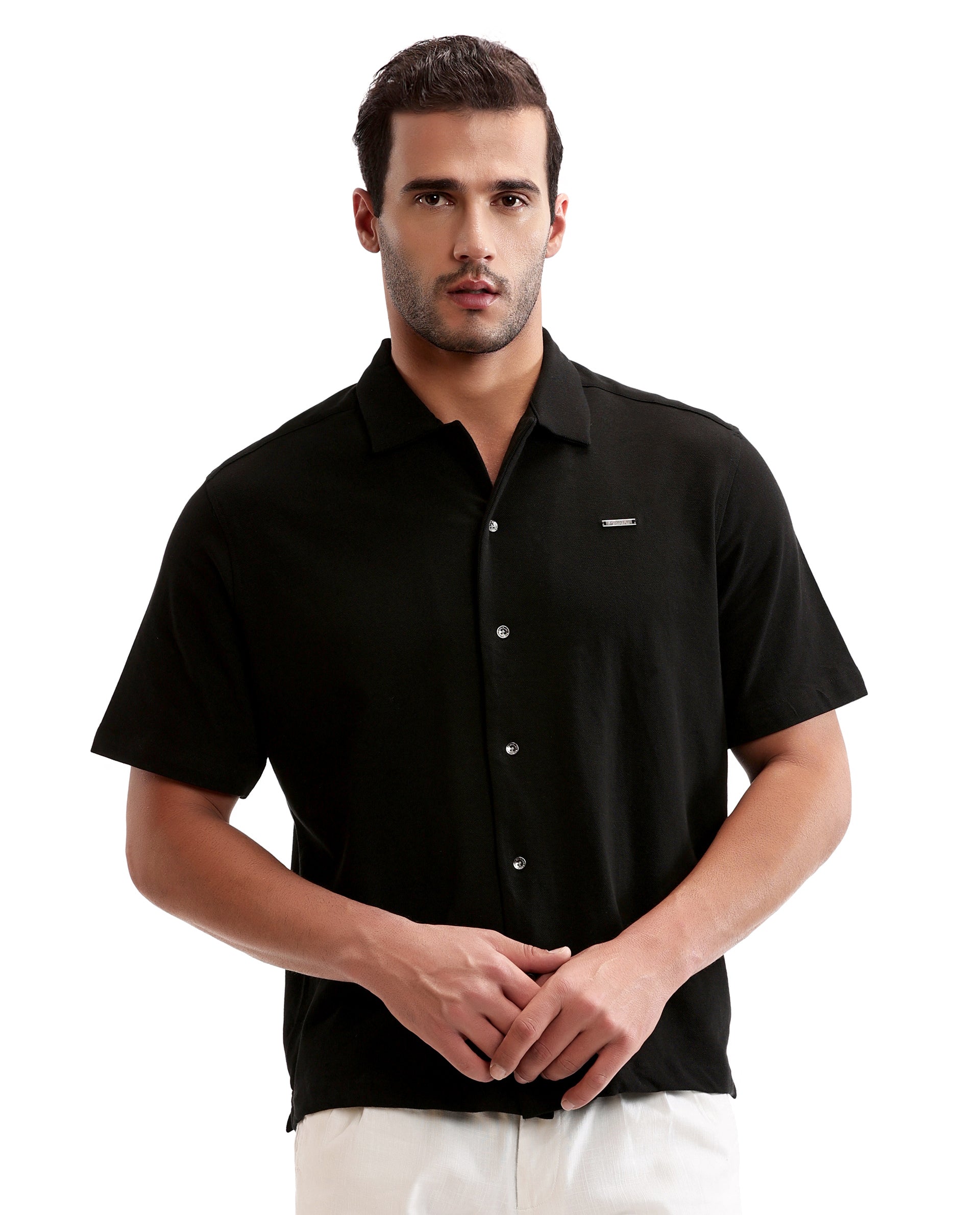 Charcoal Black Pique Knit Shirt with 7C Metal Buttons, Gun Metal Badge