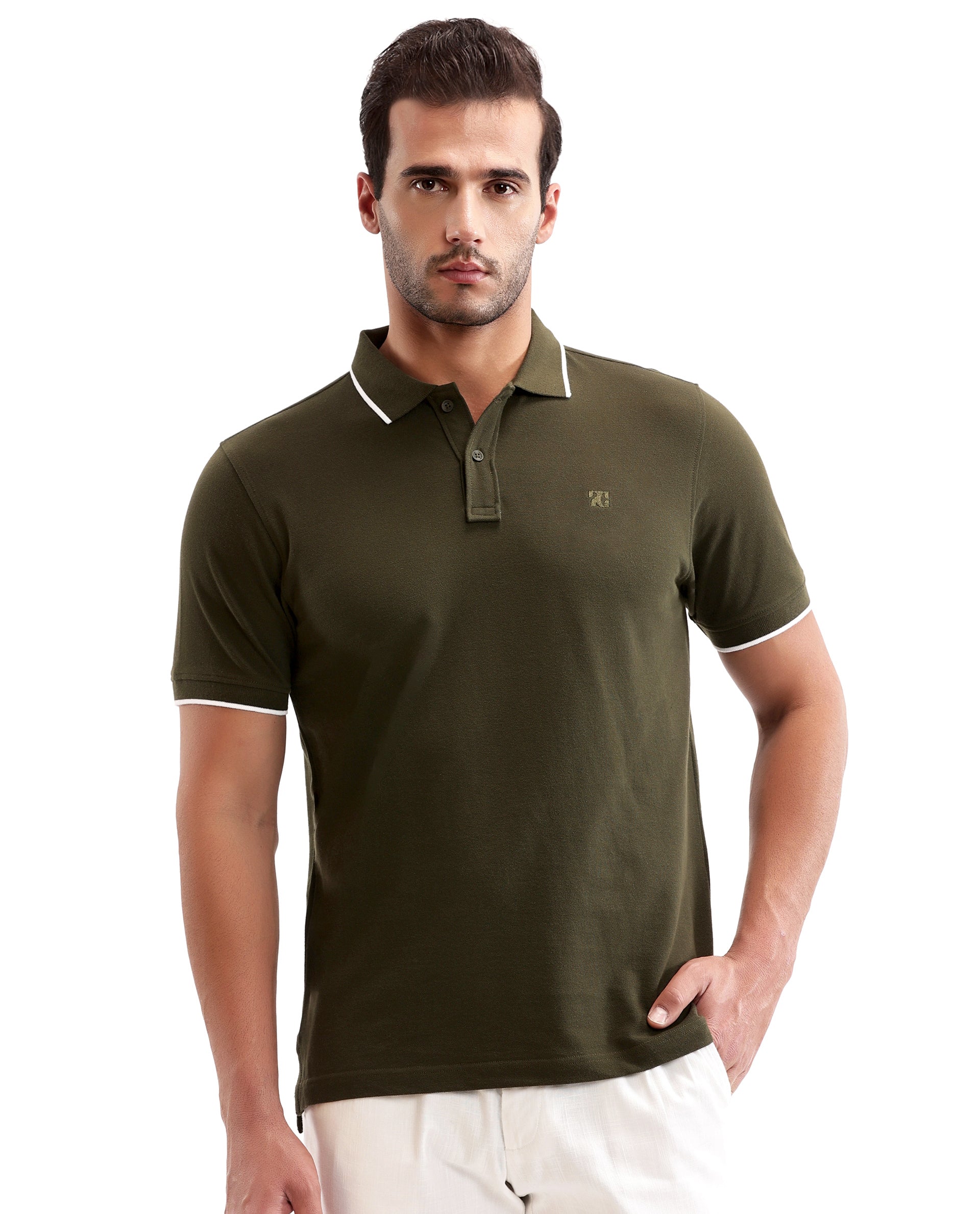 Vintage Olive Pique Polo with White Collar Piping, Tone-on-Tone 7C Embroidery