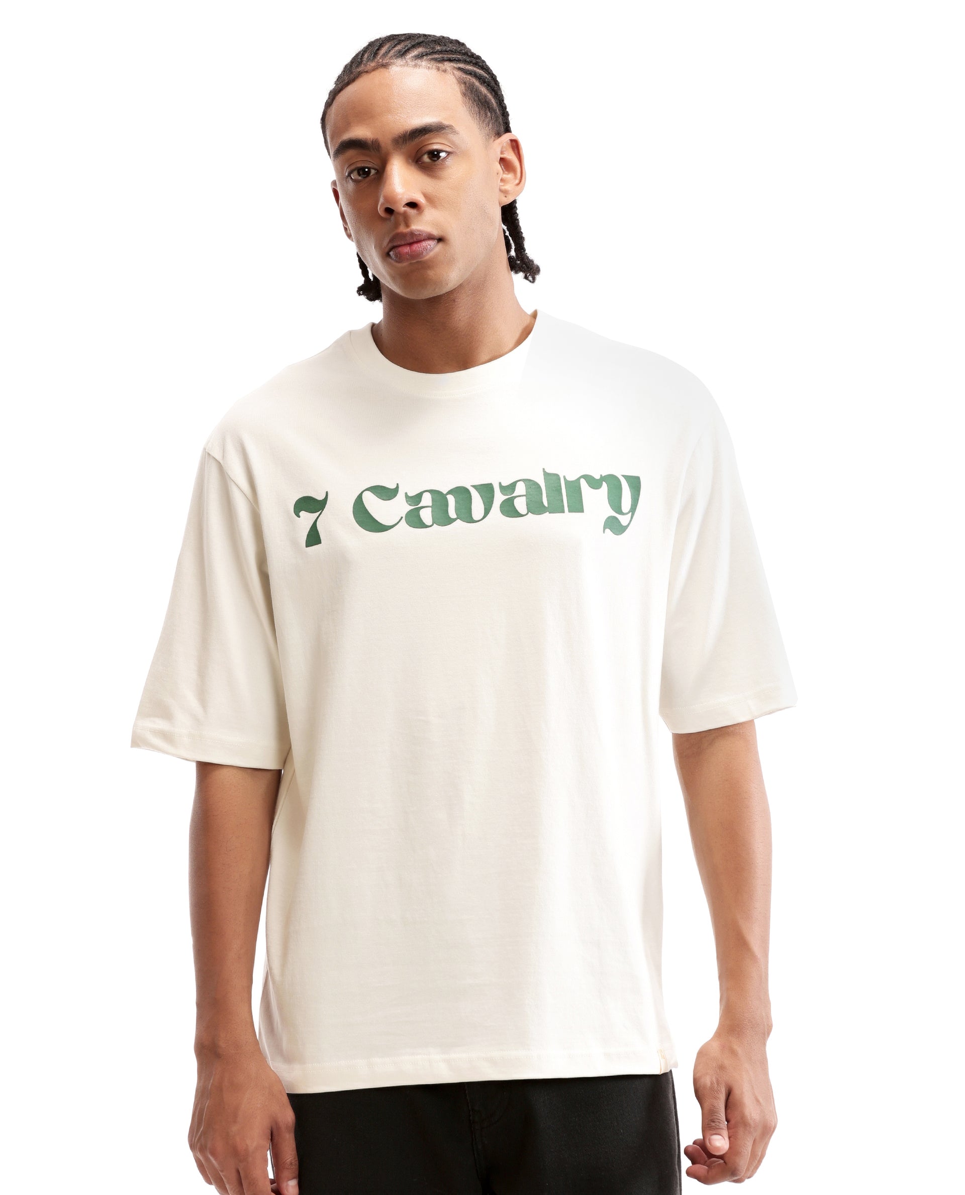 Ivory White Single Jersey Crew Neck Oversized T-Shirt with Deep Forest Green Puff Print