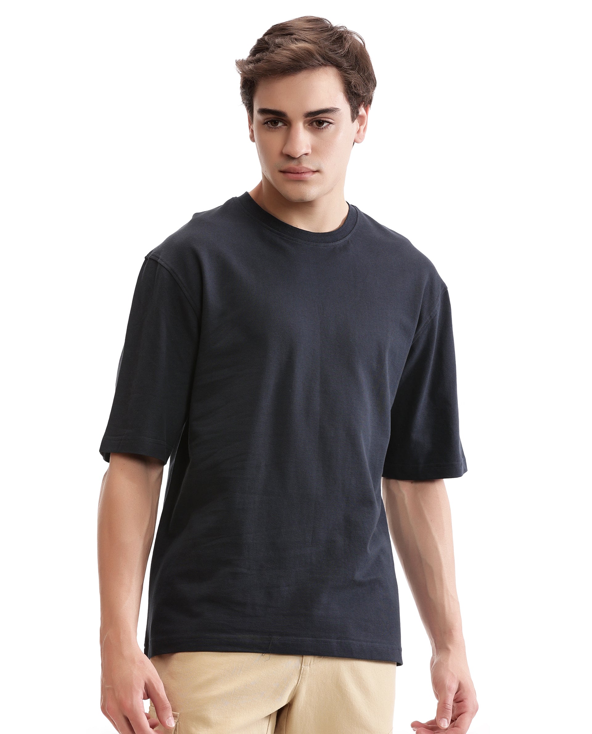 Midnight Navy Blue Pique Crew Neck Oversized T-Shirt