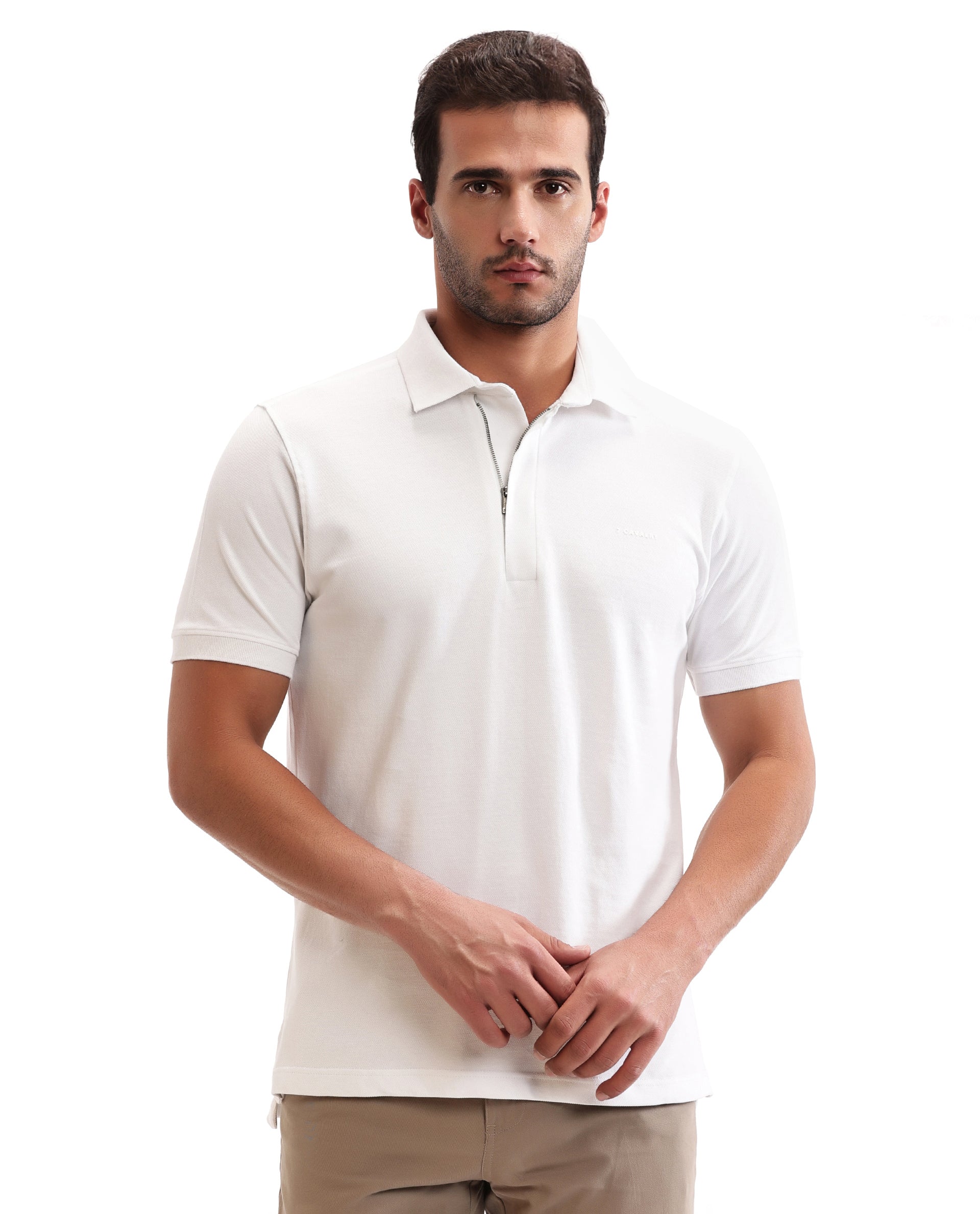 Pure White Pique Polo with Concealed 7C Metal Zip, HD Print