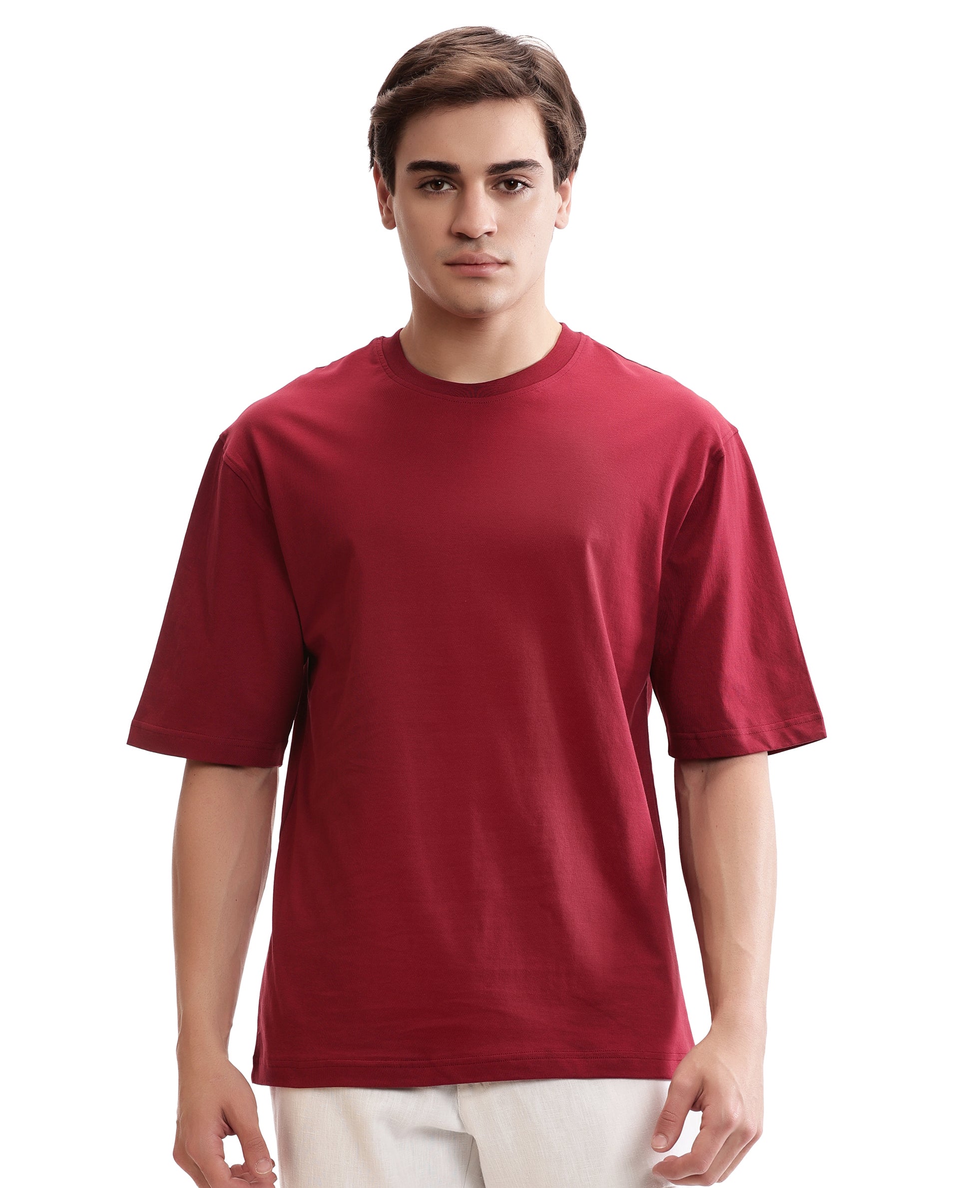 Bordeaux Maroon Single Jersey Crew Neck Oversized T-Shirt