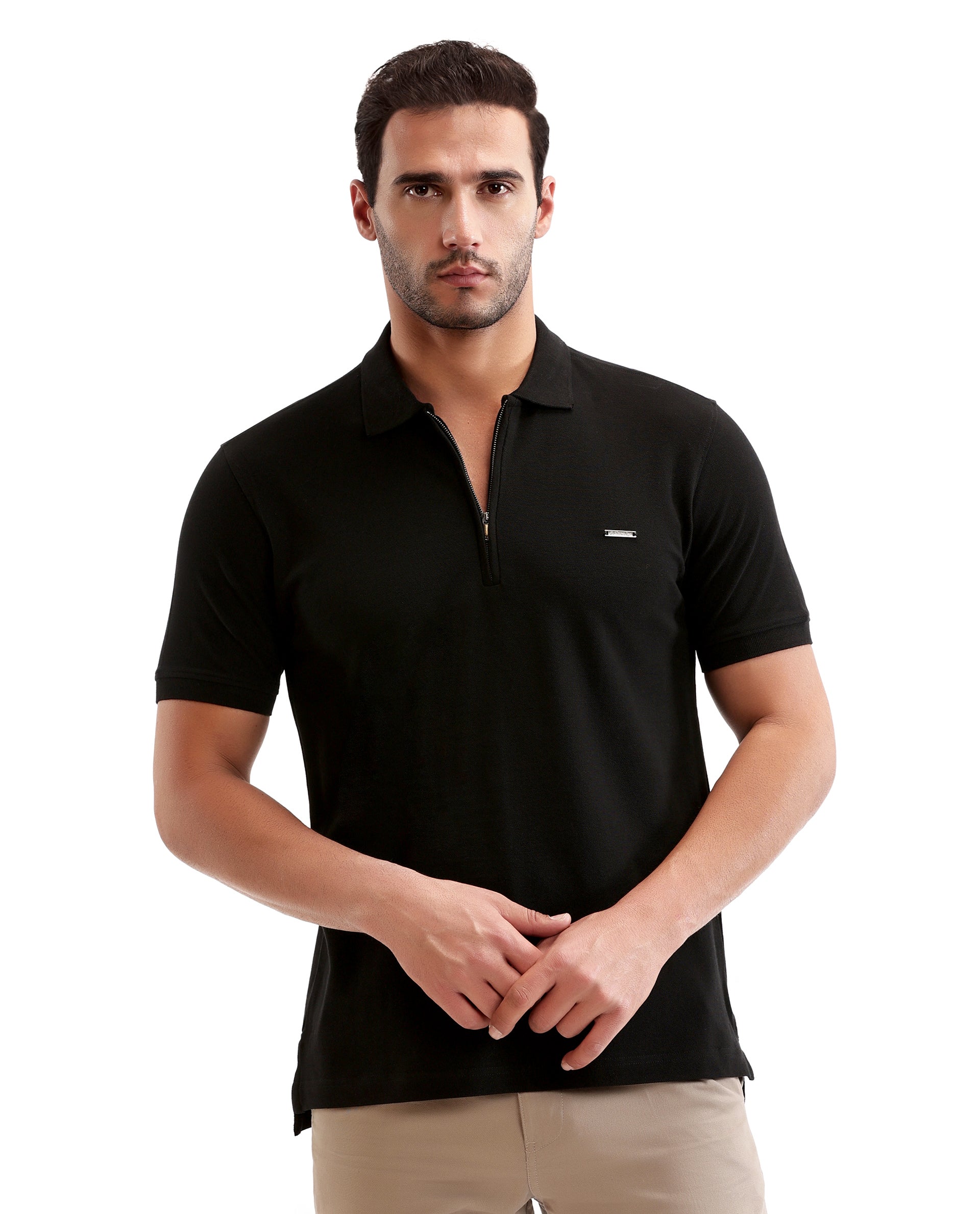 Charcoal Black Pique Polo with 7C Metal Zip, Metal Badge
