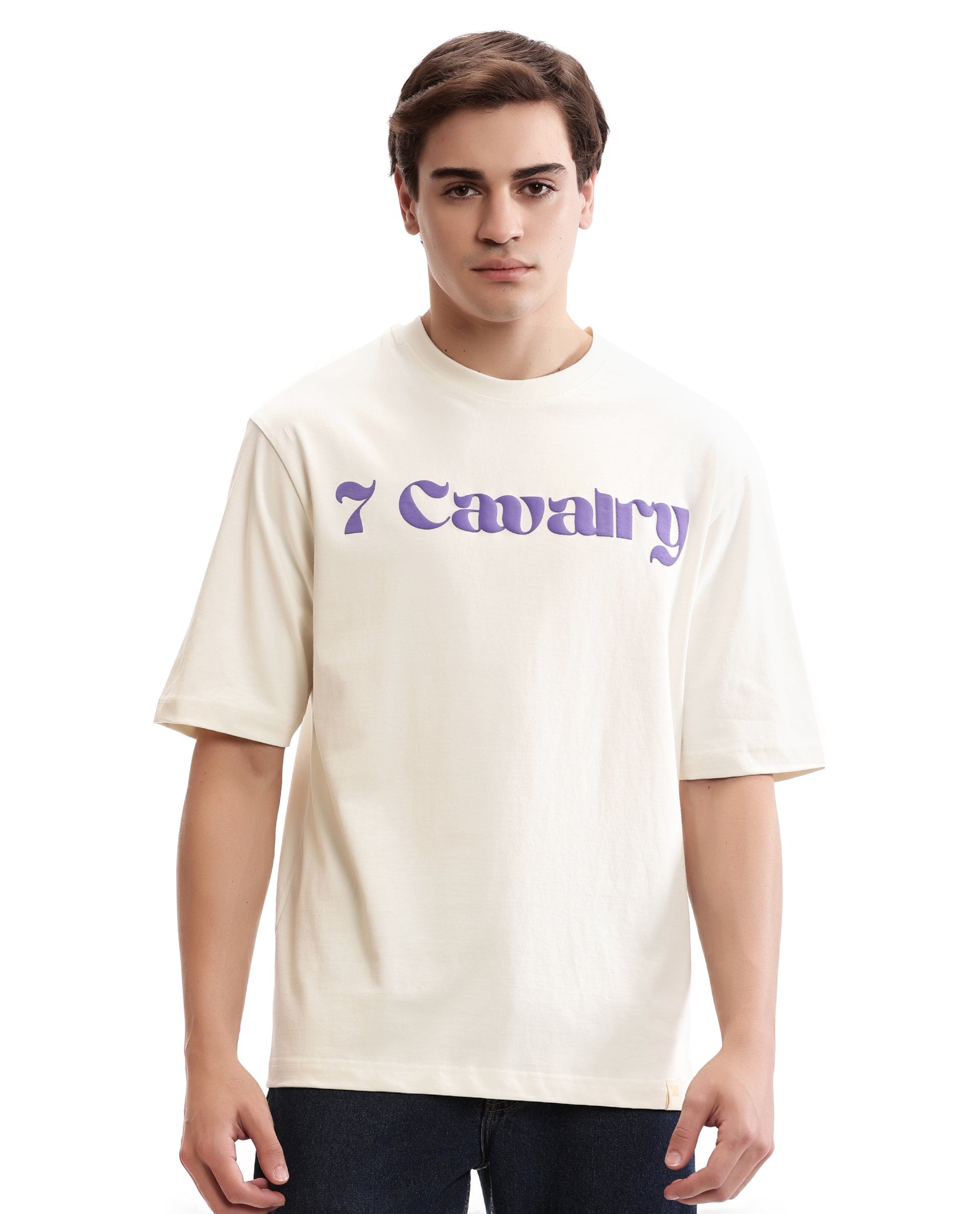 Ivory White Single Jersey Crew Neck Oversized T-Shirt with Deep Purple Puff Print
