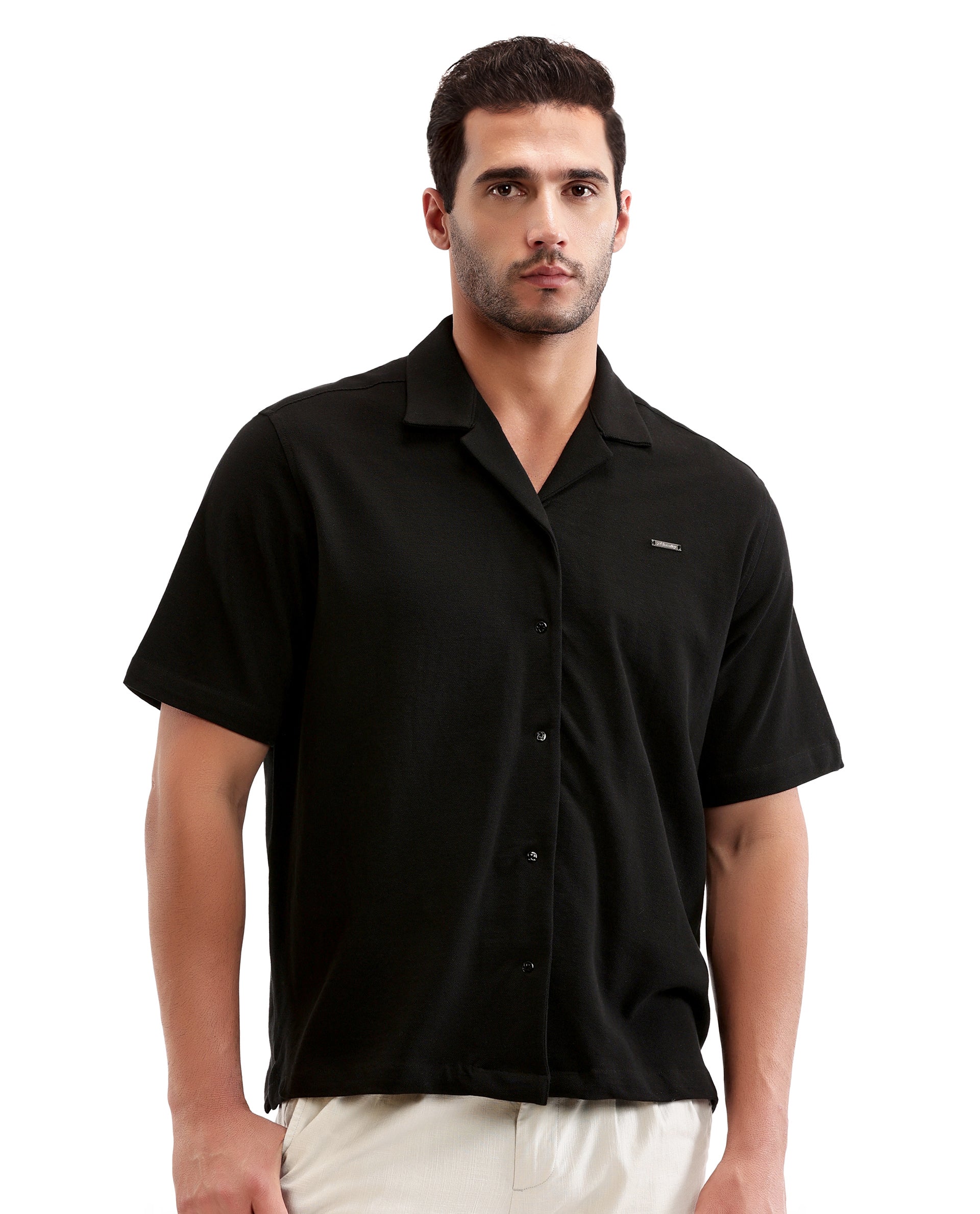 Charcoal Black Pique Knit Shirt with 7C Engraved Snap Buttons, Gun Metal Badge