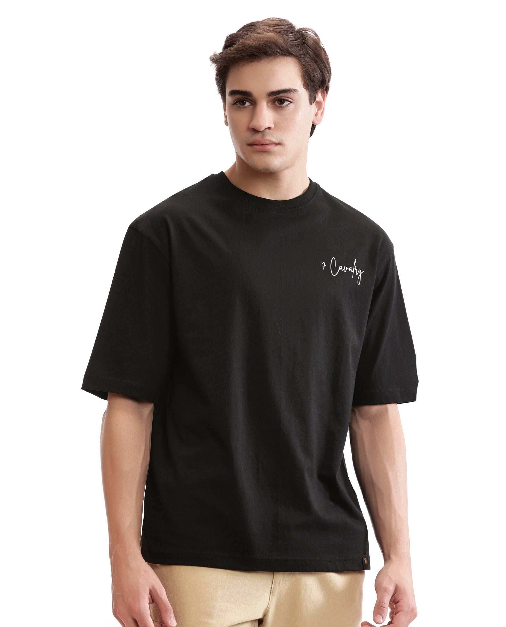 Charcoal Black Single Jersey Crew Neck Oversized T-Shirt with Pure White Non-PVC Print
