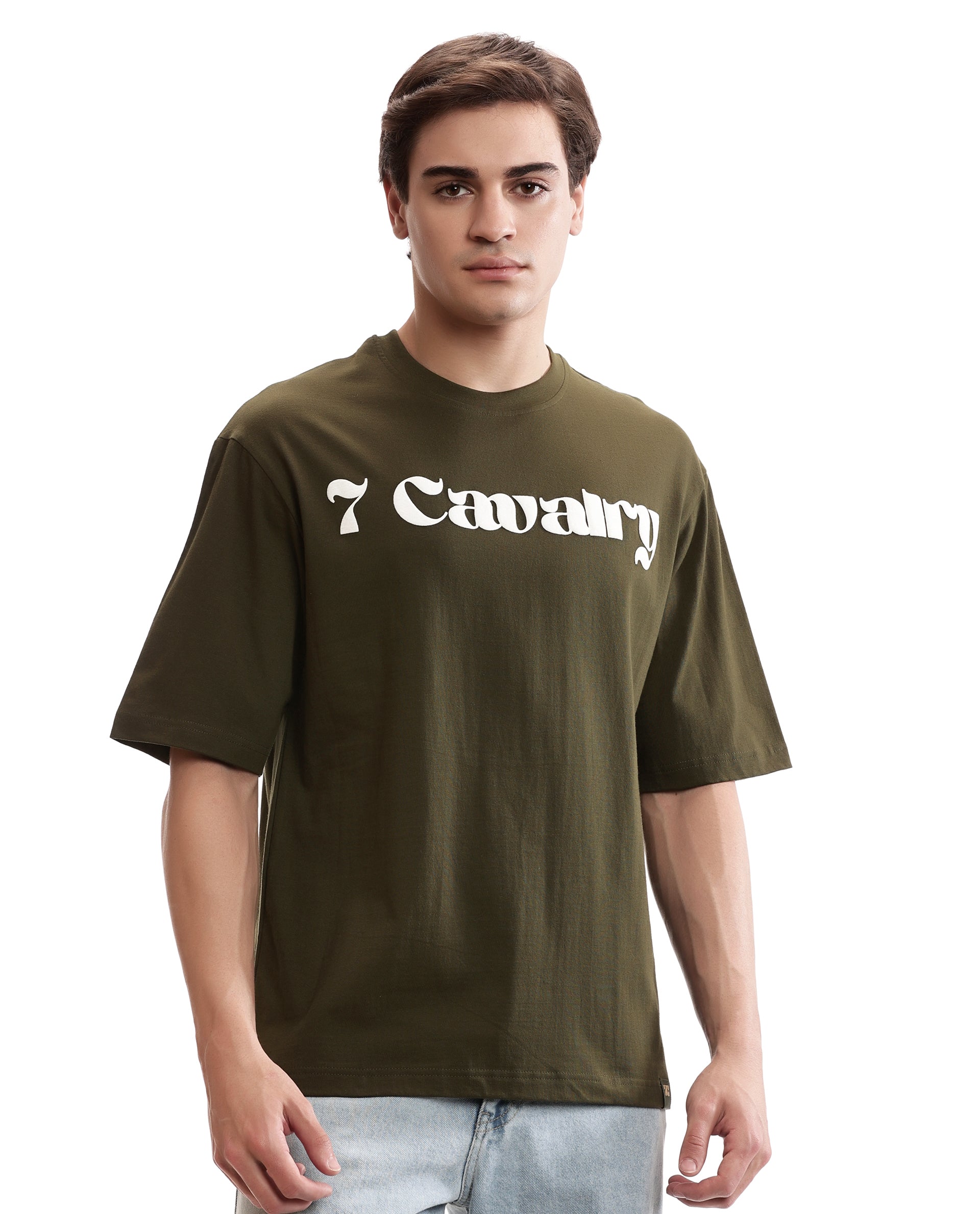 Vintage Olive Single Jersey Crew Neck Oversized T-Shirt with Pure White Puff Print