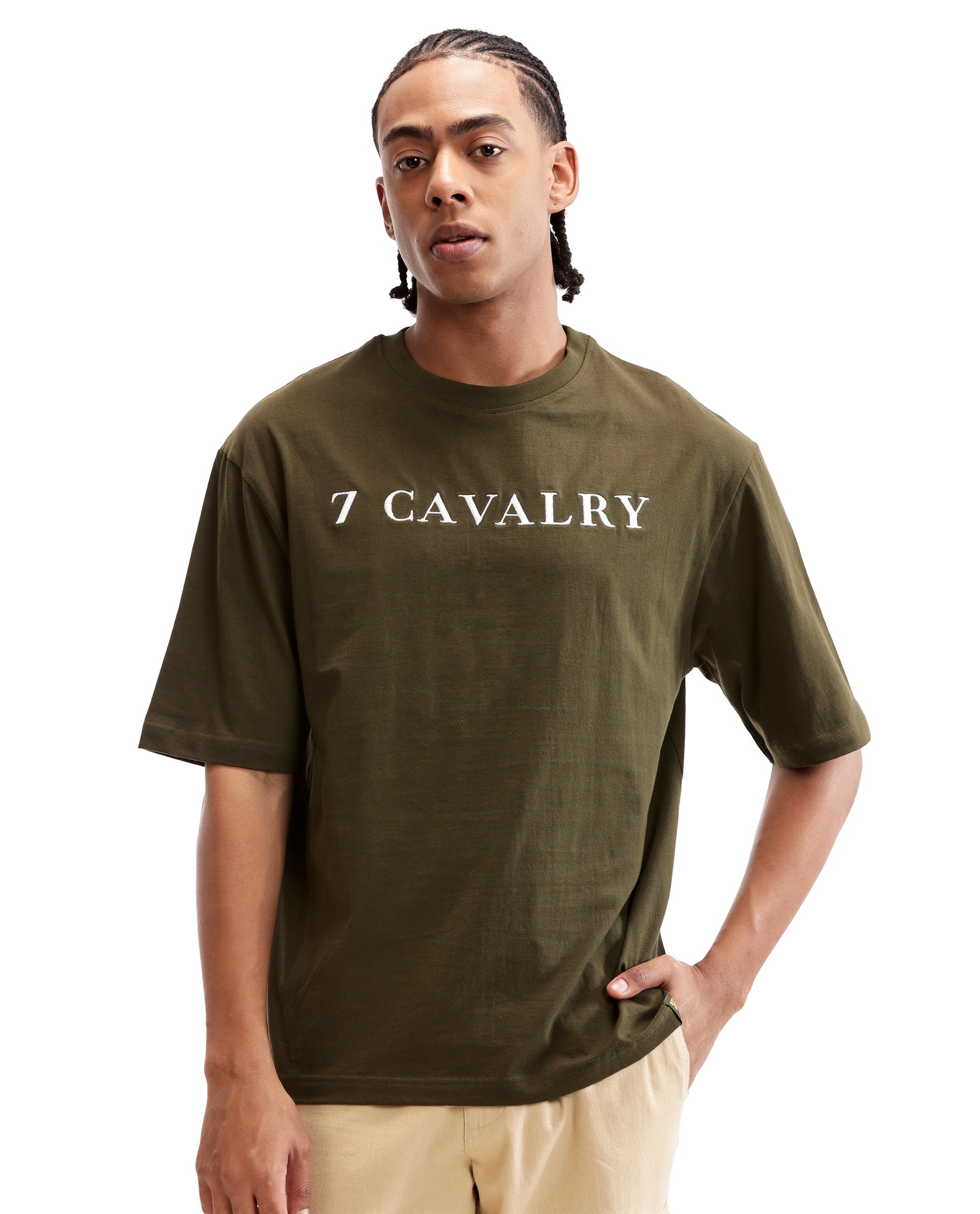 Vintage Olive Single Jersey Crew Neck Oversized T-Shirt with Pure White Embroidery