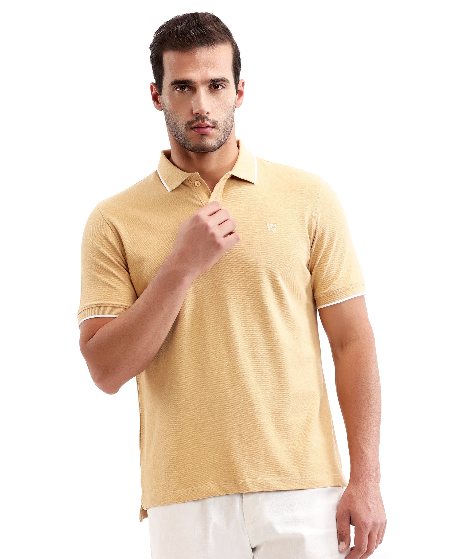 Camel Beige Pique Polo with White Collar Piping, Tone-on-Tone 7C Embroidery