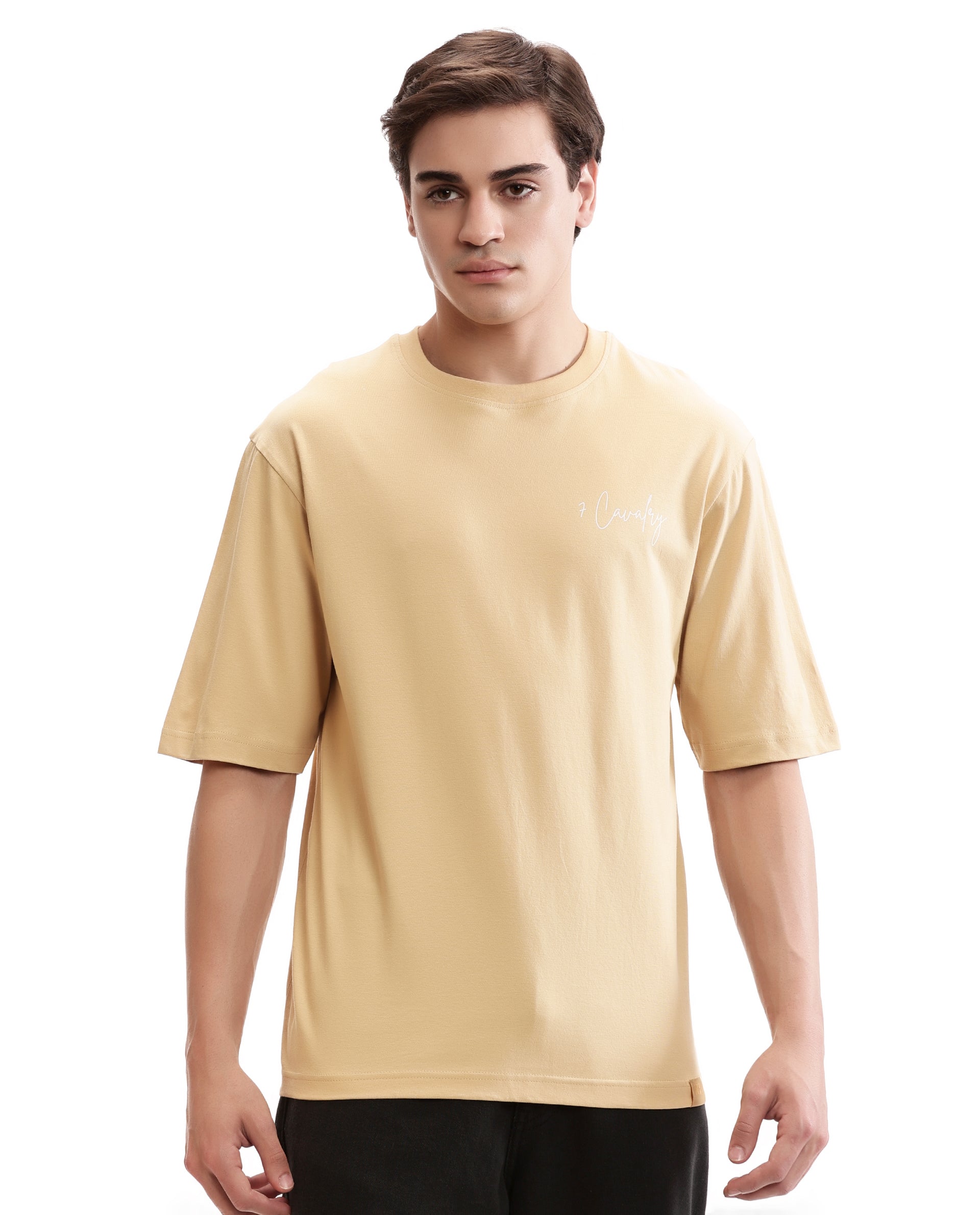 Camel Beige Single Jersey Crew Neck Oversized T-Shirt with Pure White Non-PVC Print