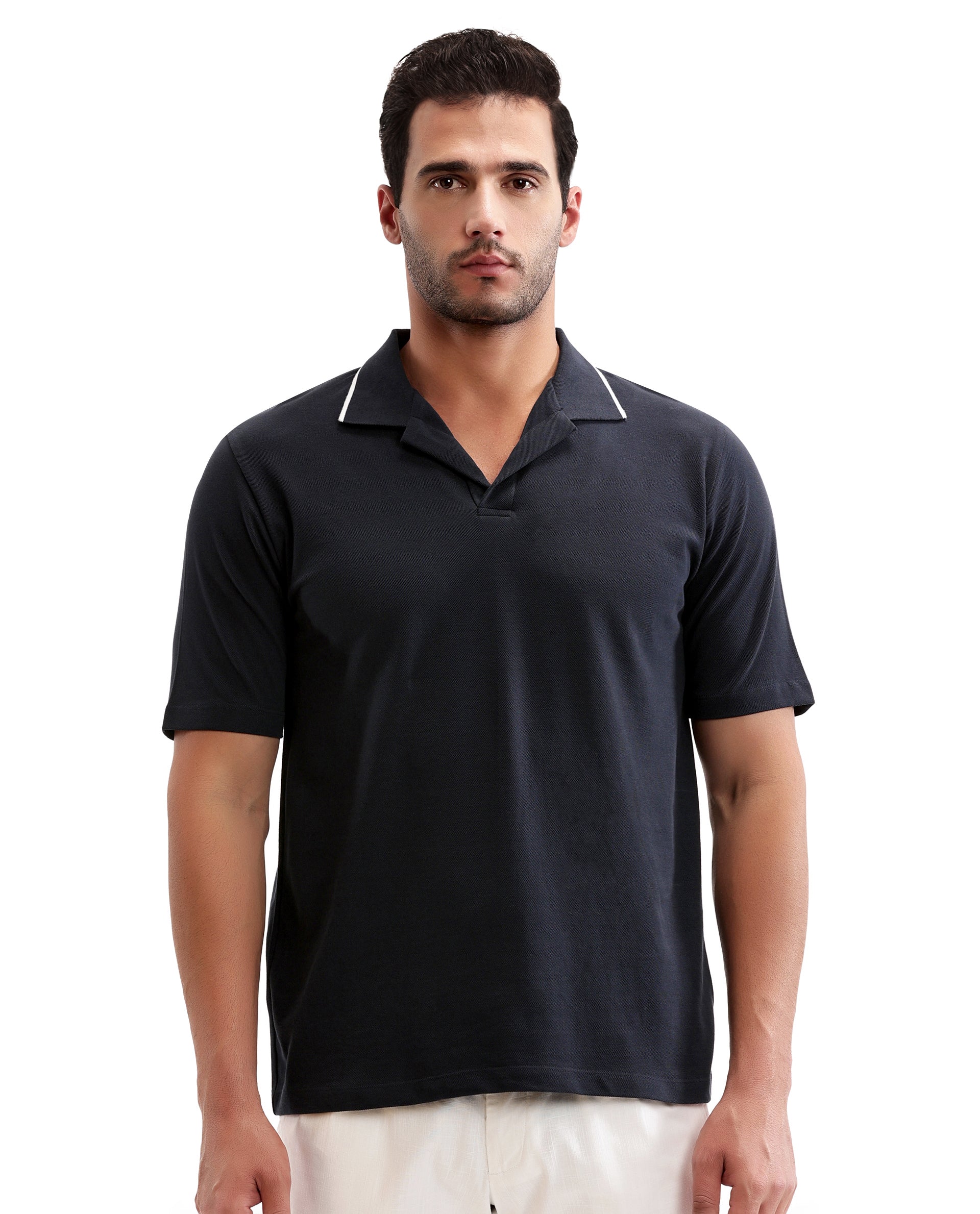 Midnight Navy Blue Johnny Collar Pique Polo with White Collar Piping