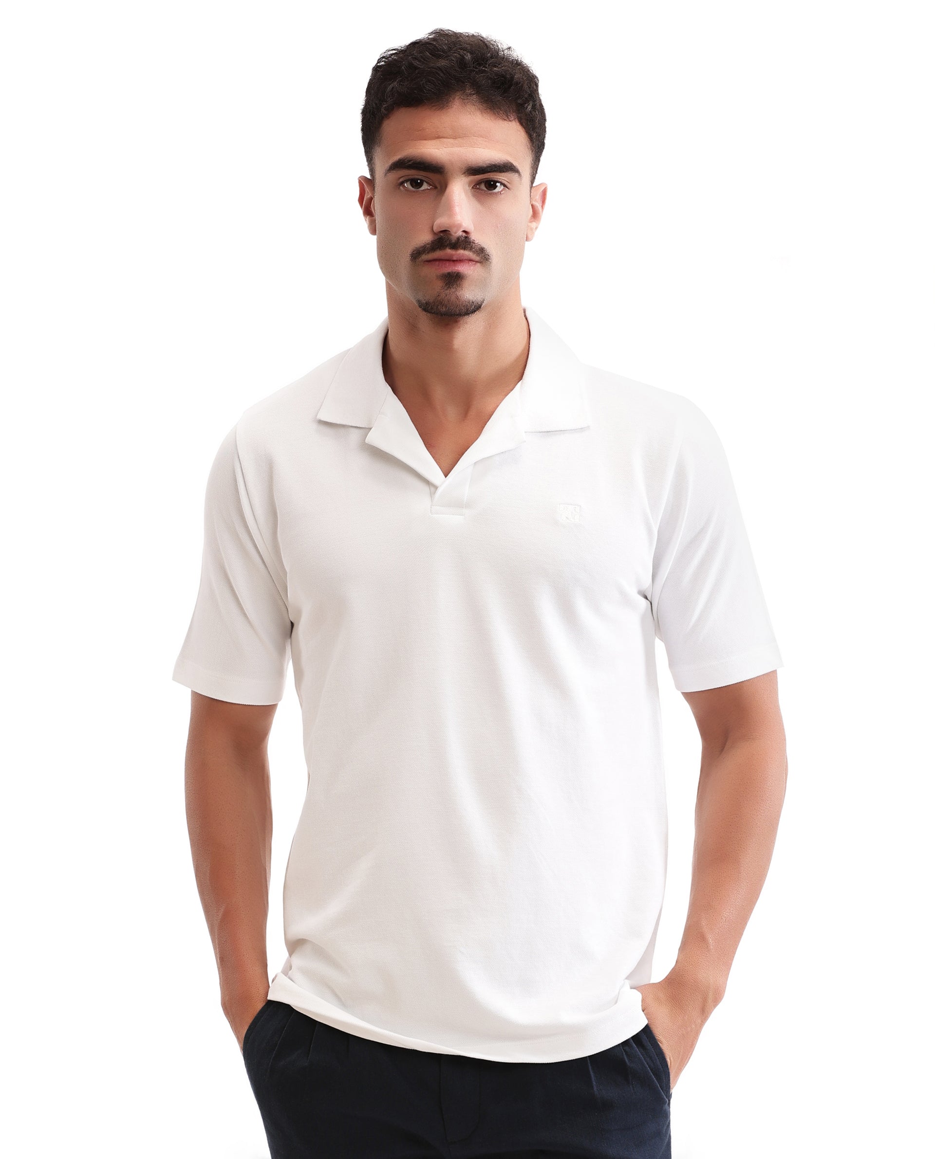 Pure White Johnny Collar Pique Polo with Tone-on-Tone 7C Embroidery