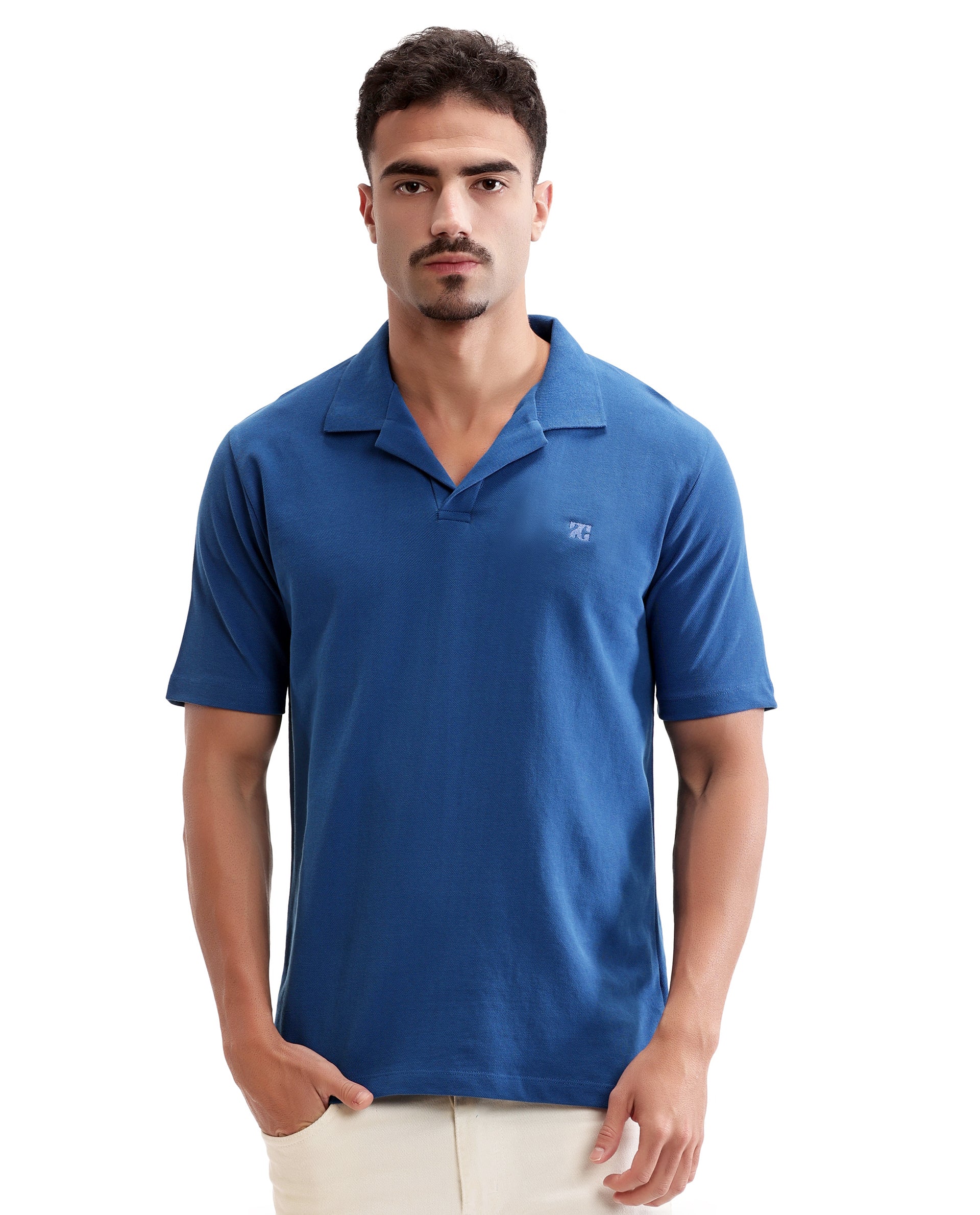 Imperial Prussian Blue Johnny Collar Pique Polo with Tone-on-Tone 7C Embroidery