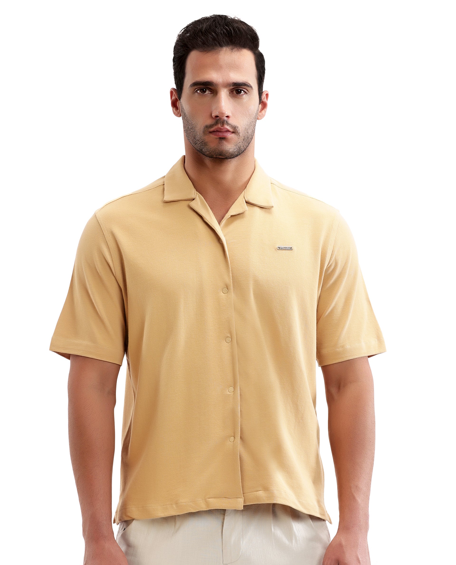 Camel Beige Pique Knit Shirt with 7C Engraved Snap Buttons, Gun Metal Badge