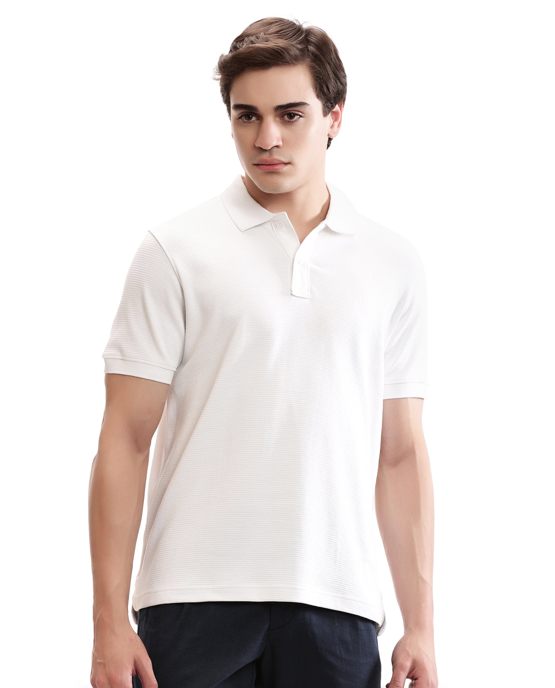 Pure White Knitted Ottoman Polo with Ribbed Collar