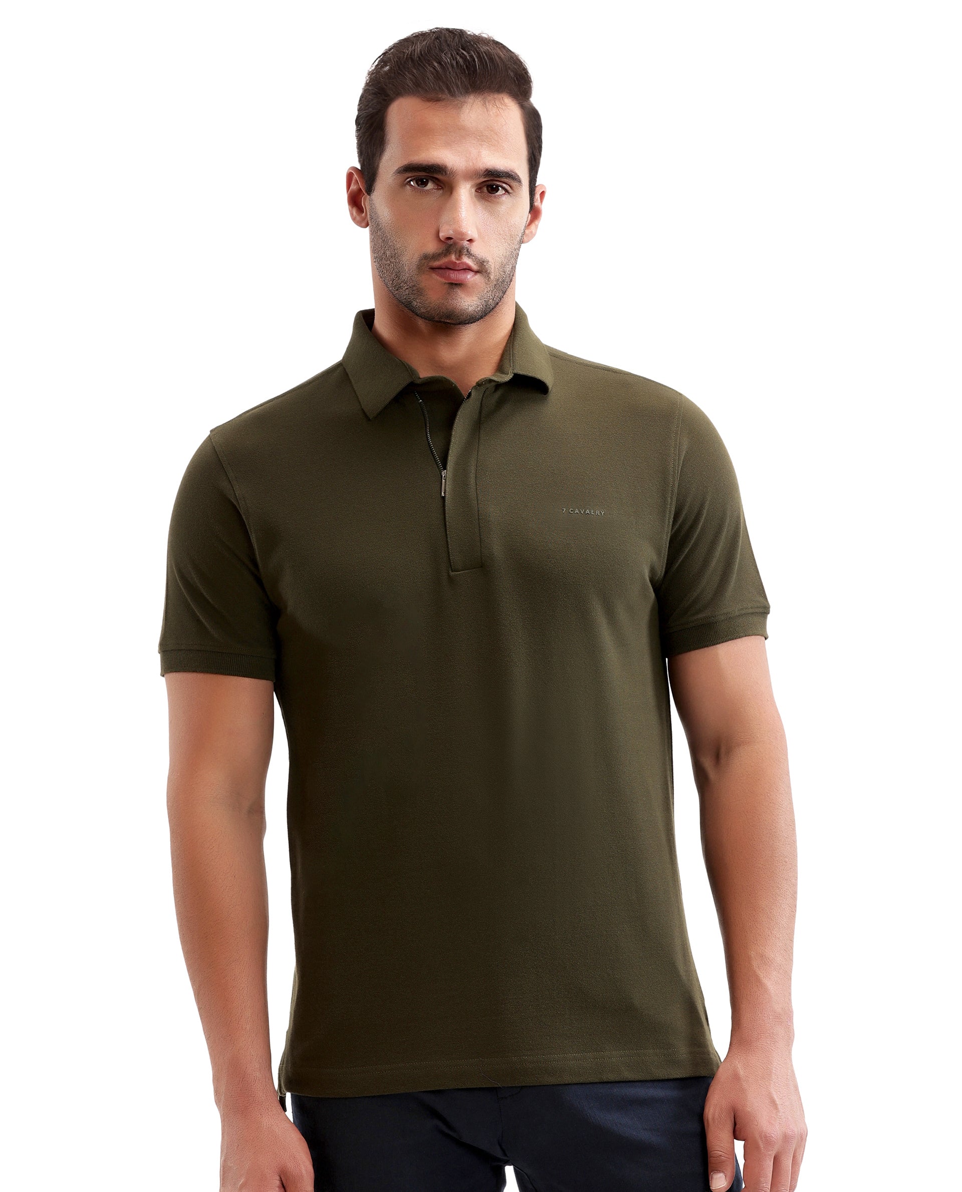 Vintage Olive Pique Polo with Concealed 7C Metal Zip, HD Print