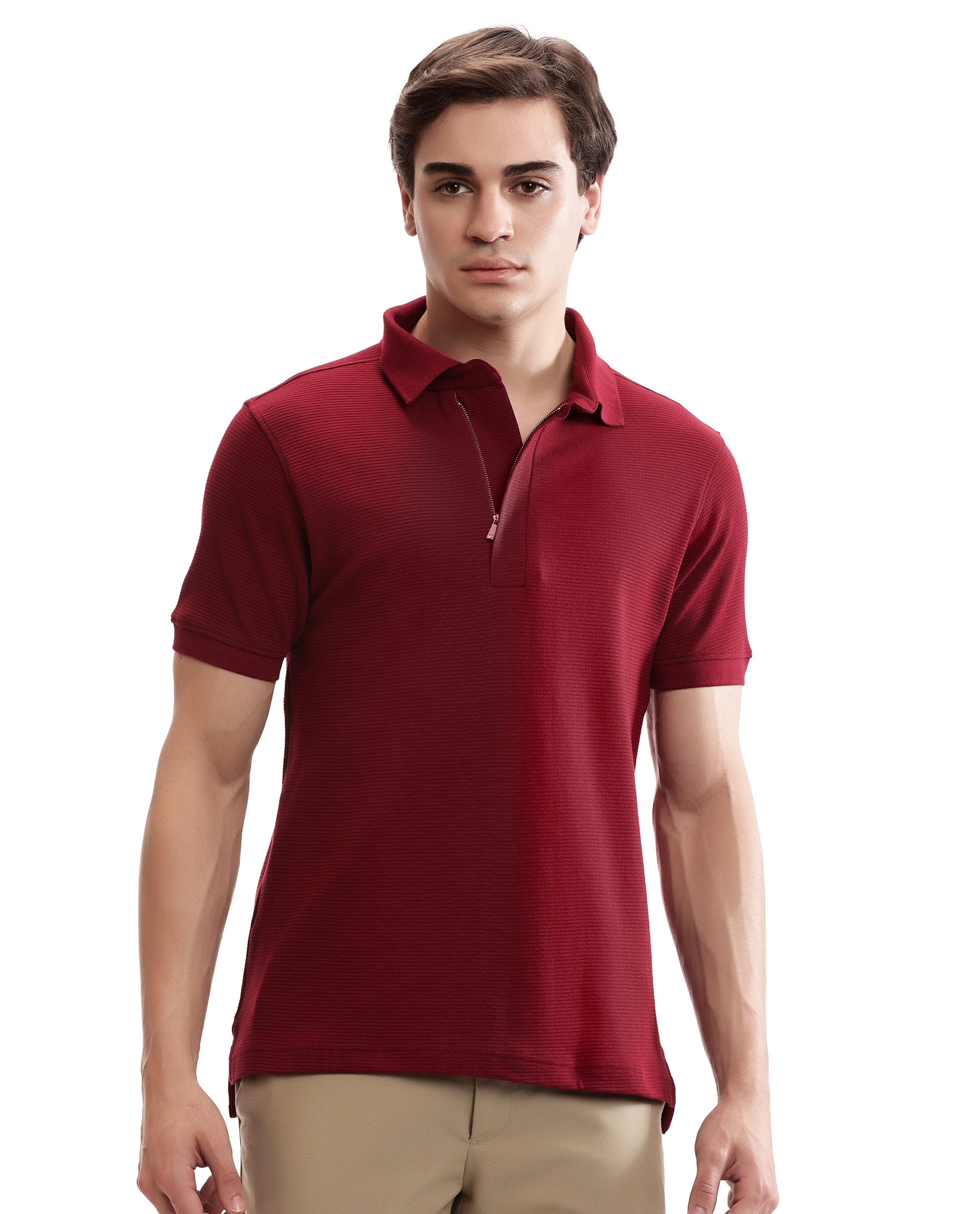Bordeaux Maroon Knitted Ottoman Polo with 7C Metal Zip