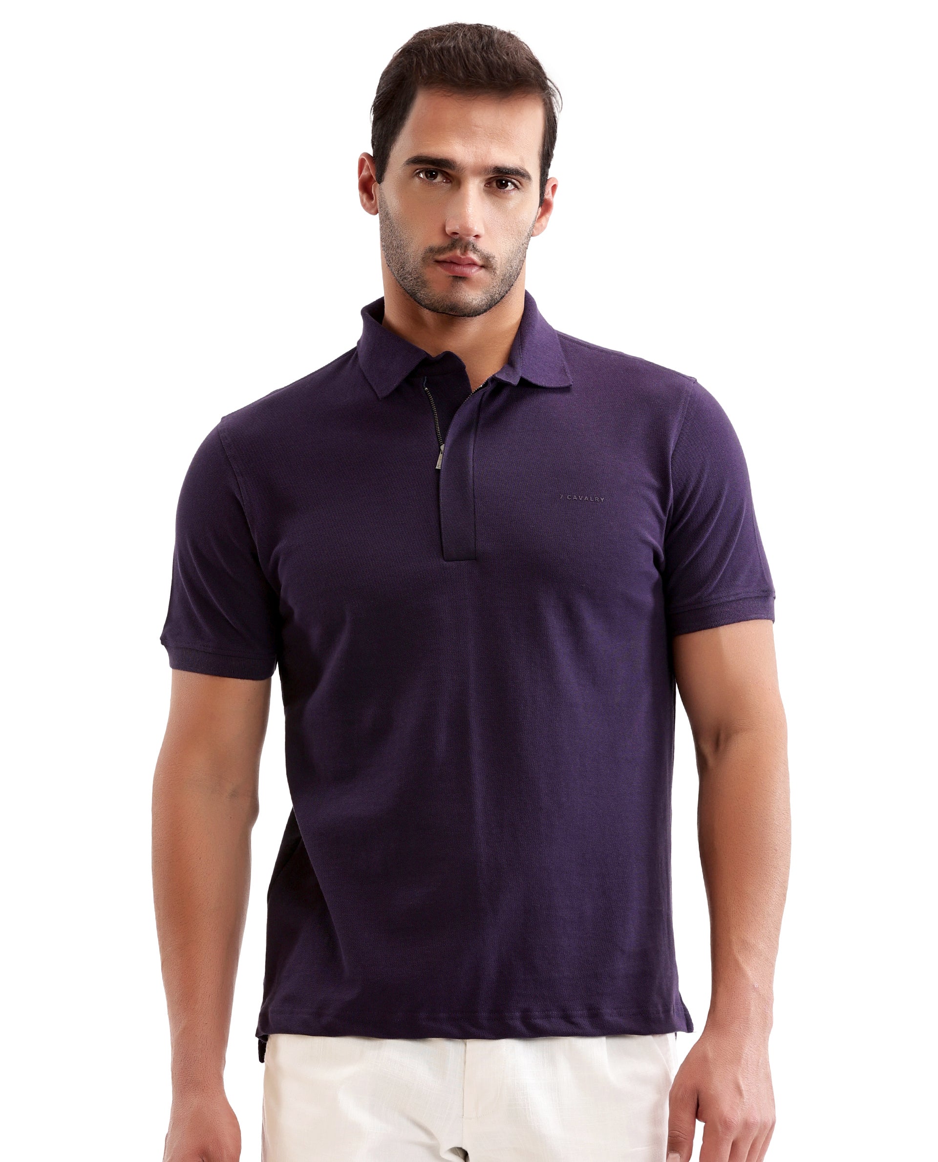 Deep Purple Pique Polo with Concealed 7C Metal Zip, HD Print