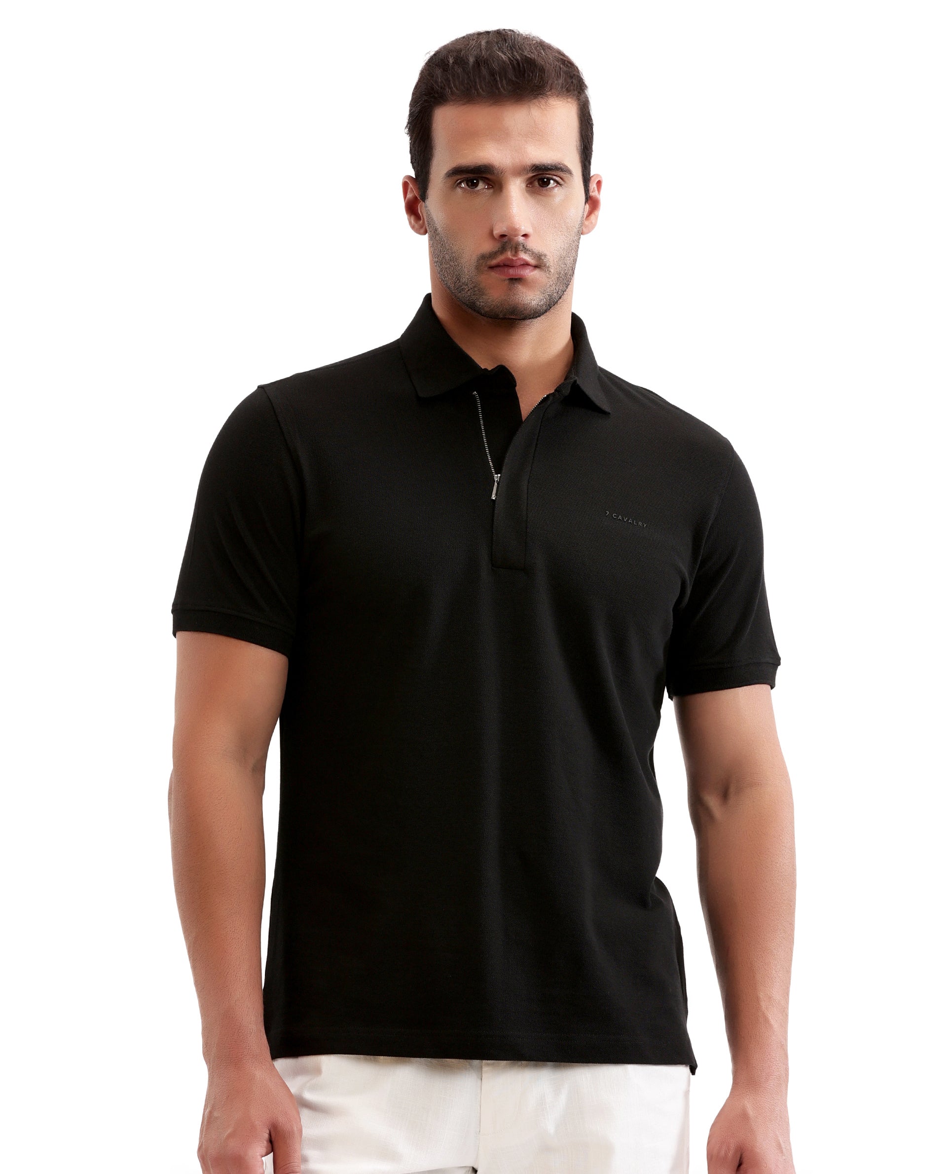 Charcoal Black Solid Polo with Concealed 7C Metal Zip, HD Print