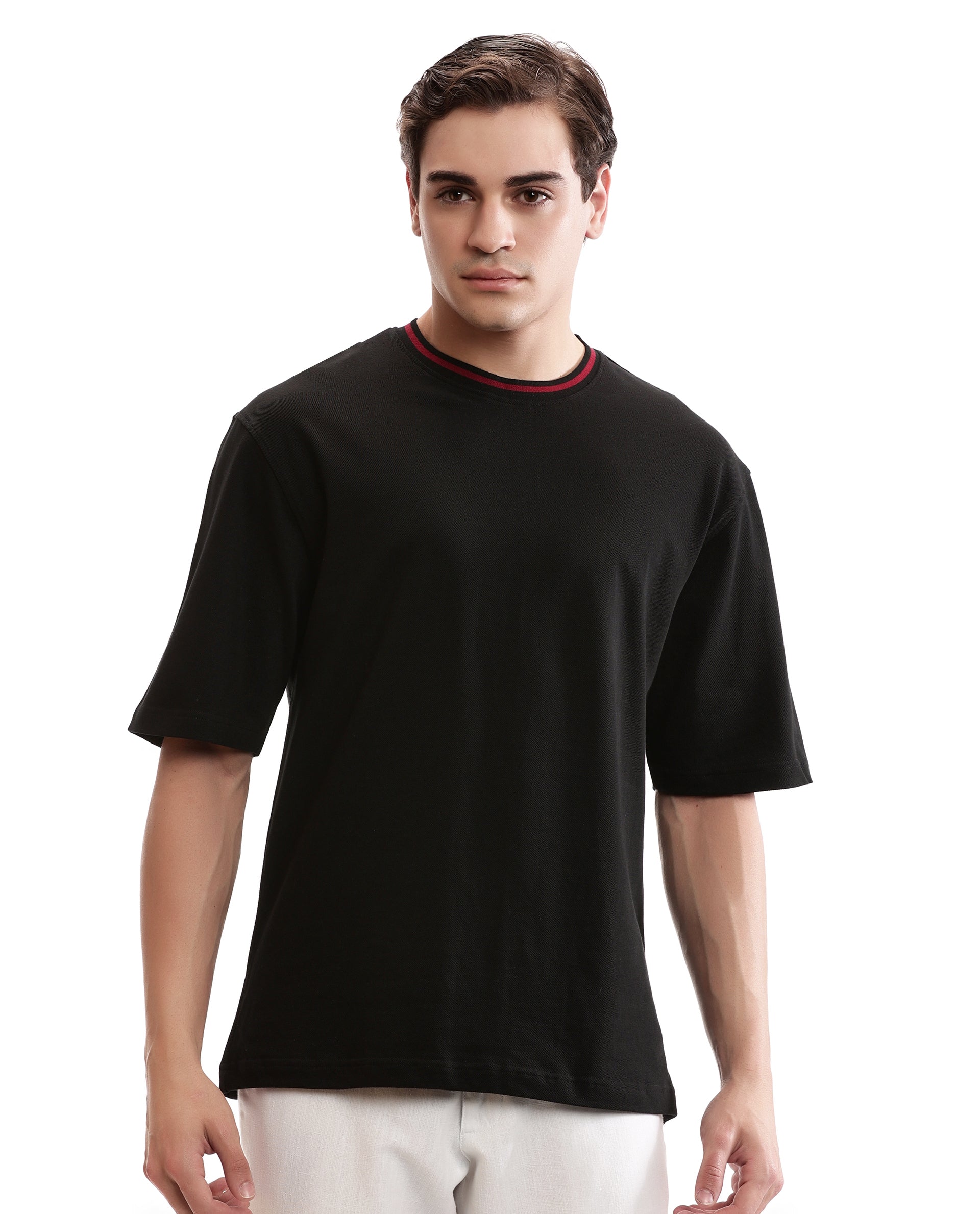 Charcoal Black Pique Crew Neck Oversized T-Shirt with Bordeaux Maroon Piping