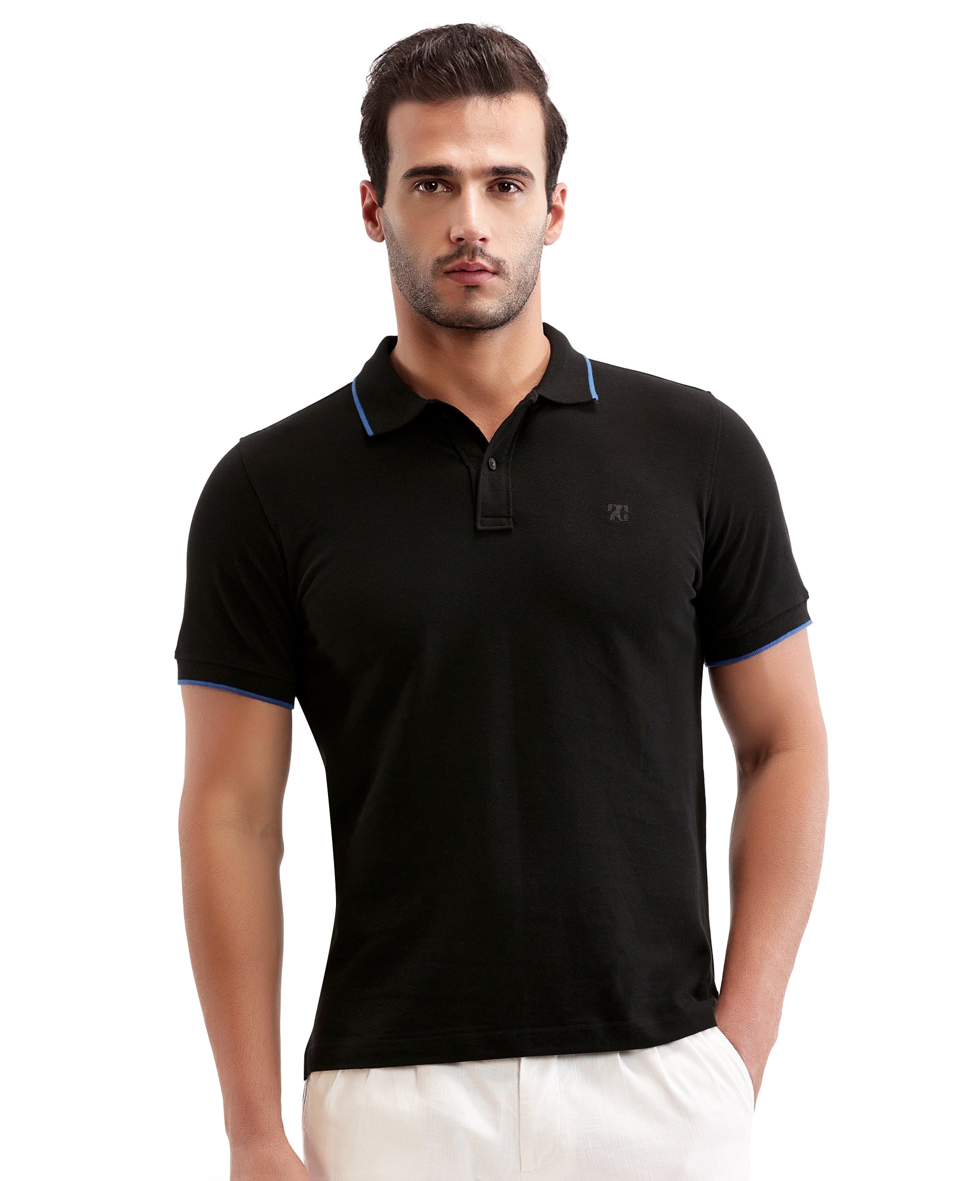 Charcoal Black Pique Polo with Imperial Prussian Blue Collar Piping, Tone-on-Tone 7C Embroidery