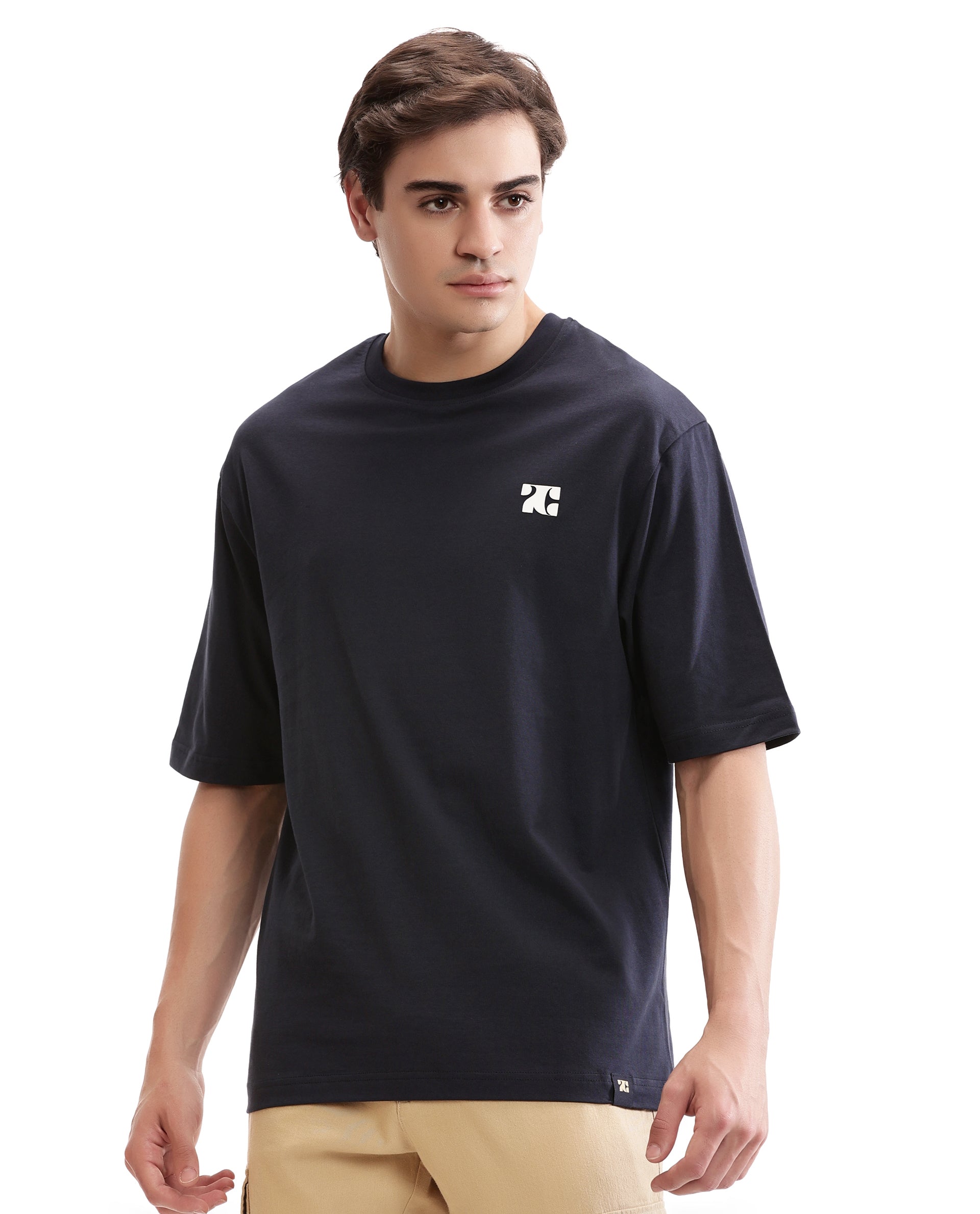Midnight Navy Blue Single Jersey Crew Neck Oversized T-Shirt with Pure White HD Print