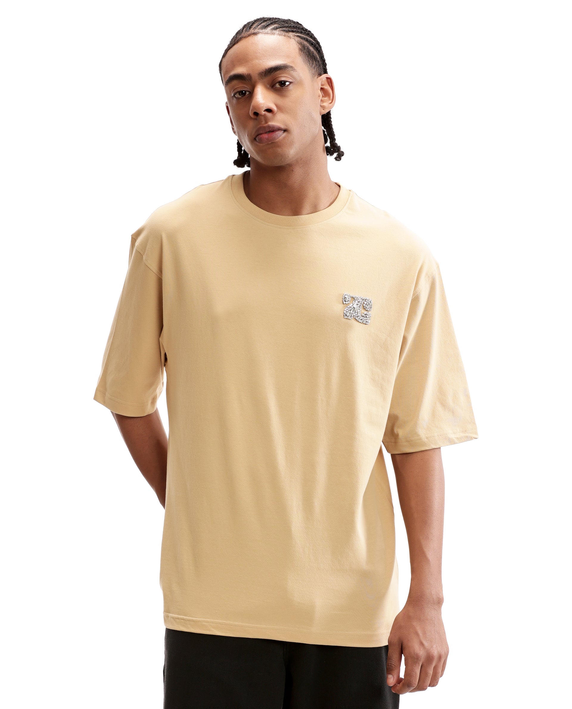 Camel Beige Single Jersey Crew Neck Oversized T-Shirt with Crystal Finish Rhinestones