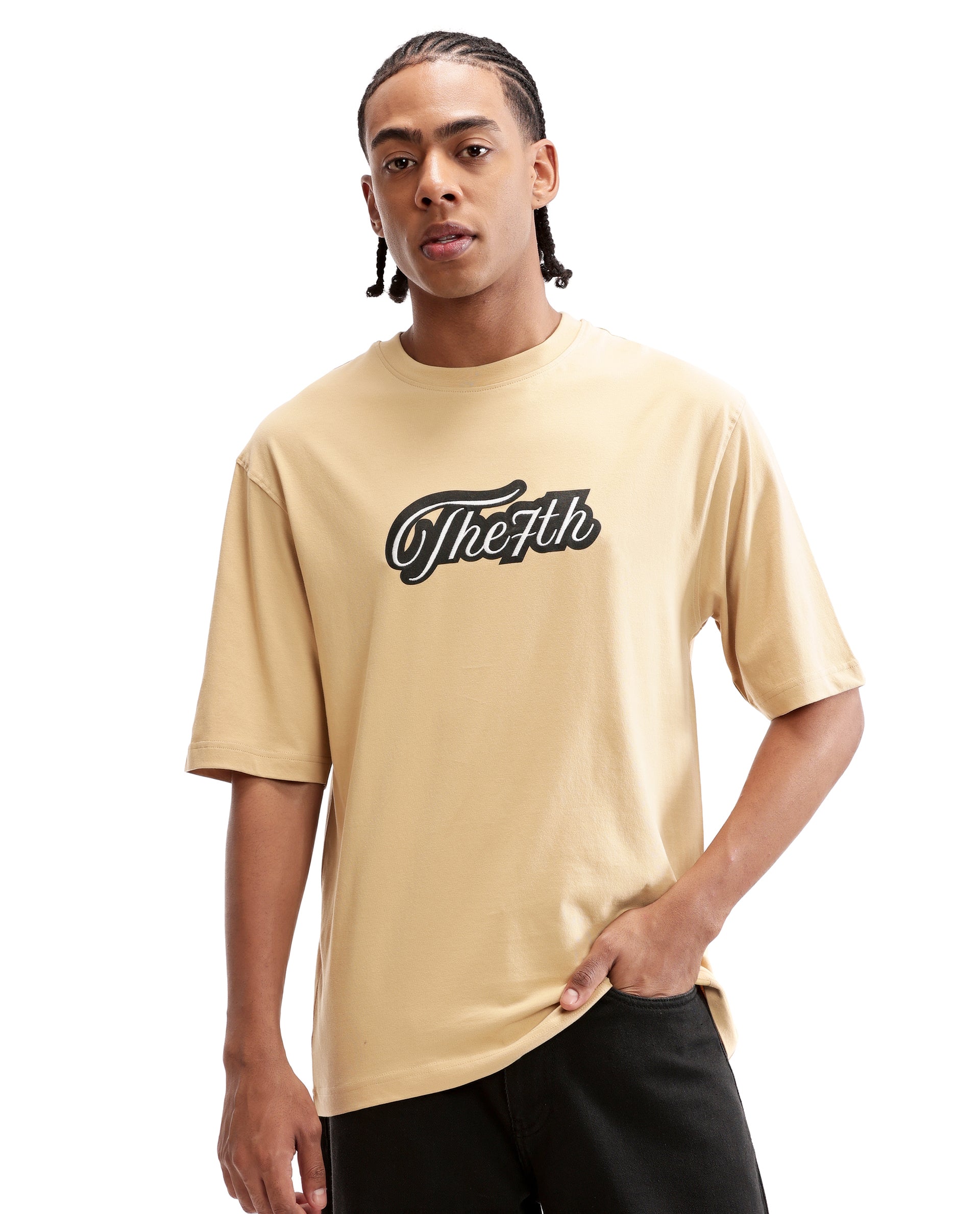 Camel Beige Single Jersey Crew Neck Oversized T-Shirt with Black Print & Pure White 7C Embroidery