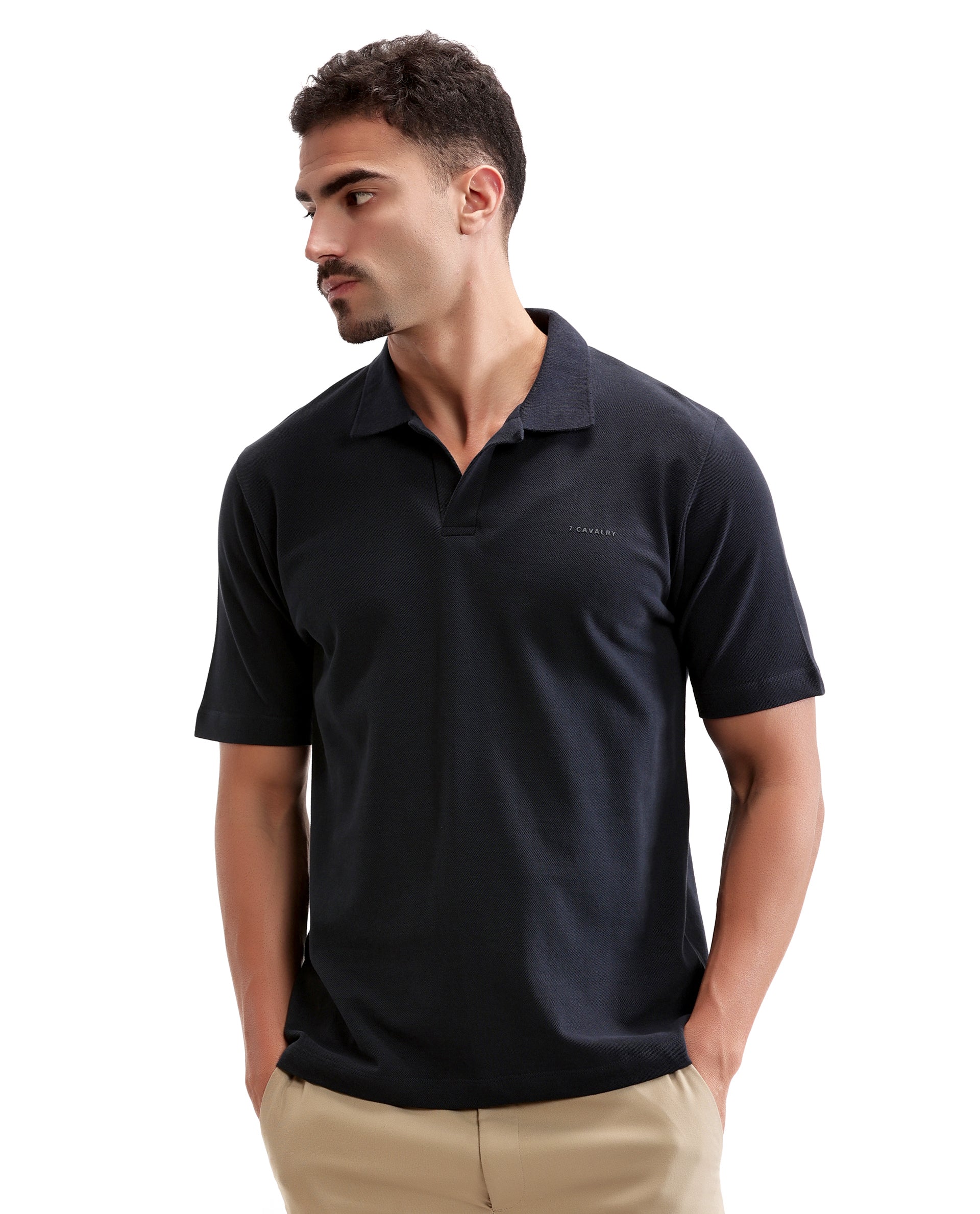 Midnight Navy Blue Pique Johnny Collar Polo with HD Print
