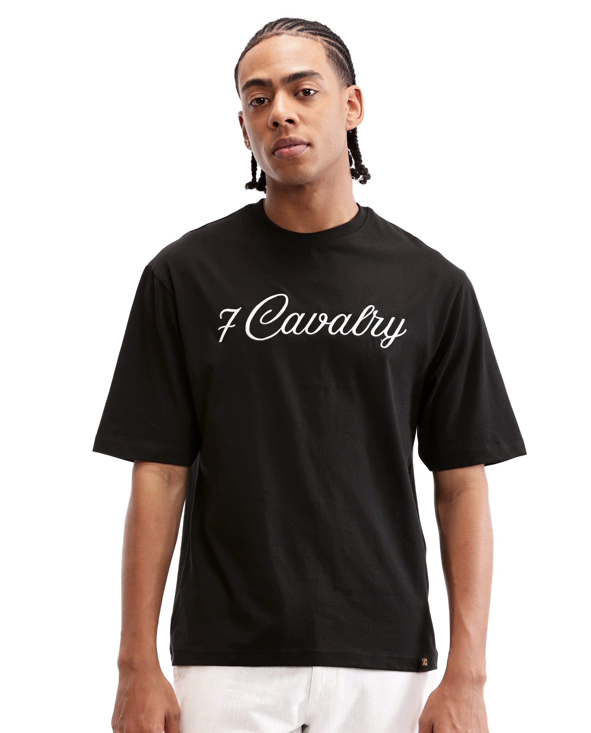 Charcoal Black Single Jersey Crew Neck Oversized T-Shirt with Pure White Embroidery