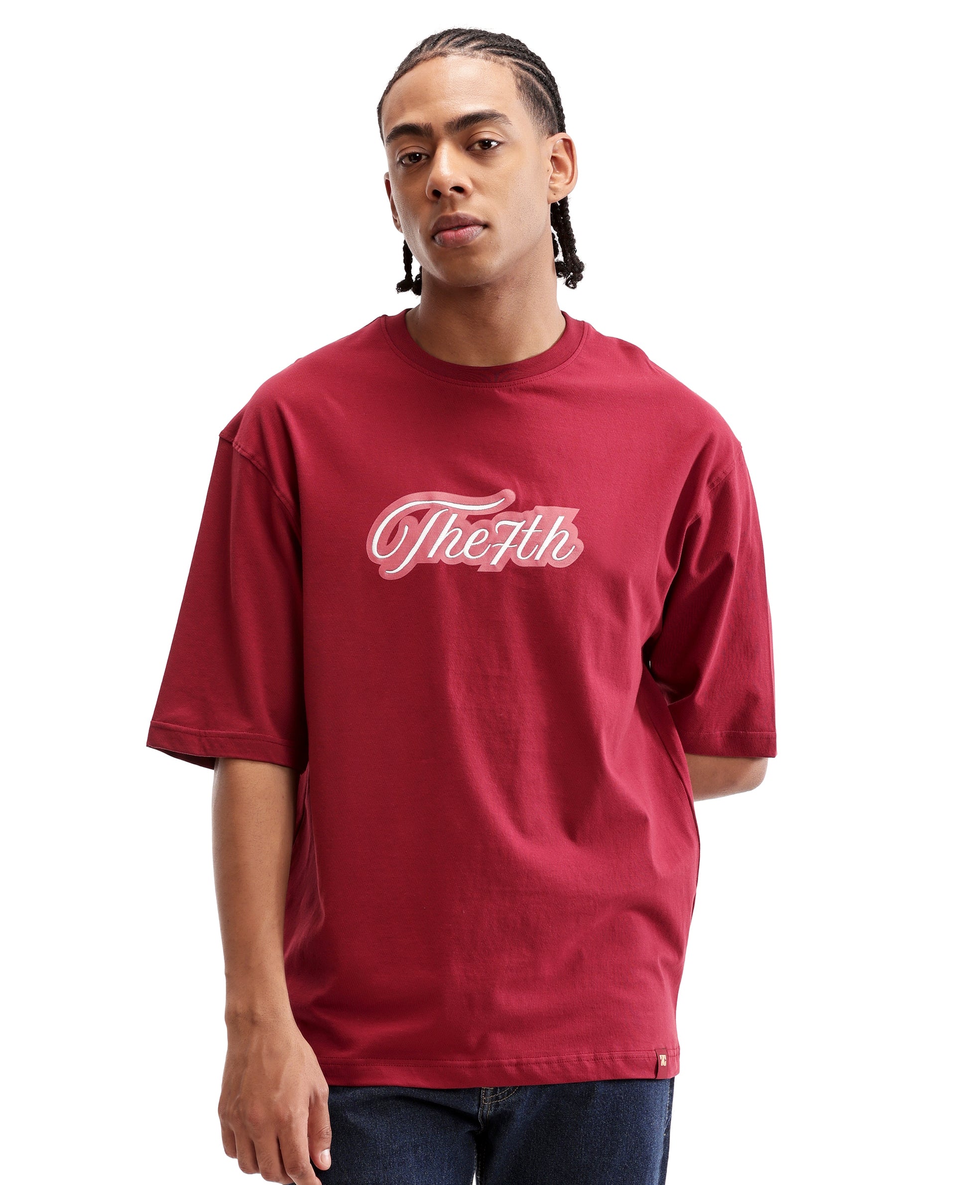 Bordeaux Maroon Single Jersey Crew Neck Oversized T-Shirt with Light Maroon Print & Pure White 7C Embroidery