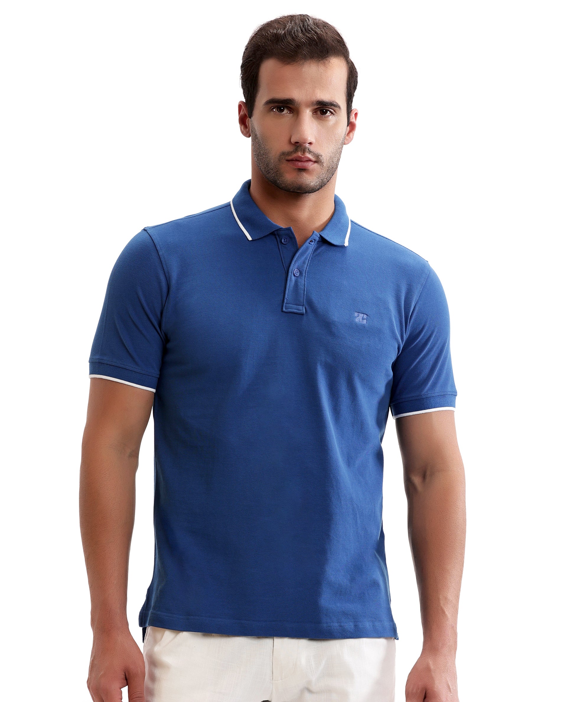 Imperial Prussian Blue Pique Polo with White Collar Piping, Tone-on-Tone 7C Embroidery