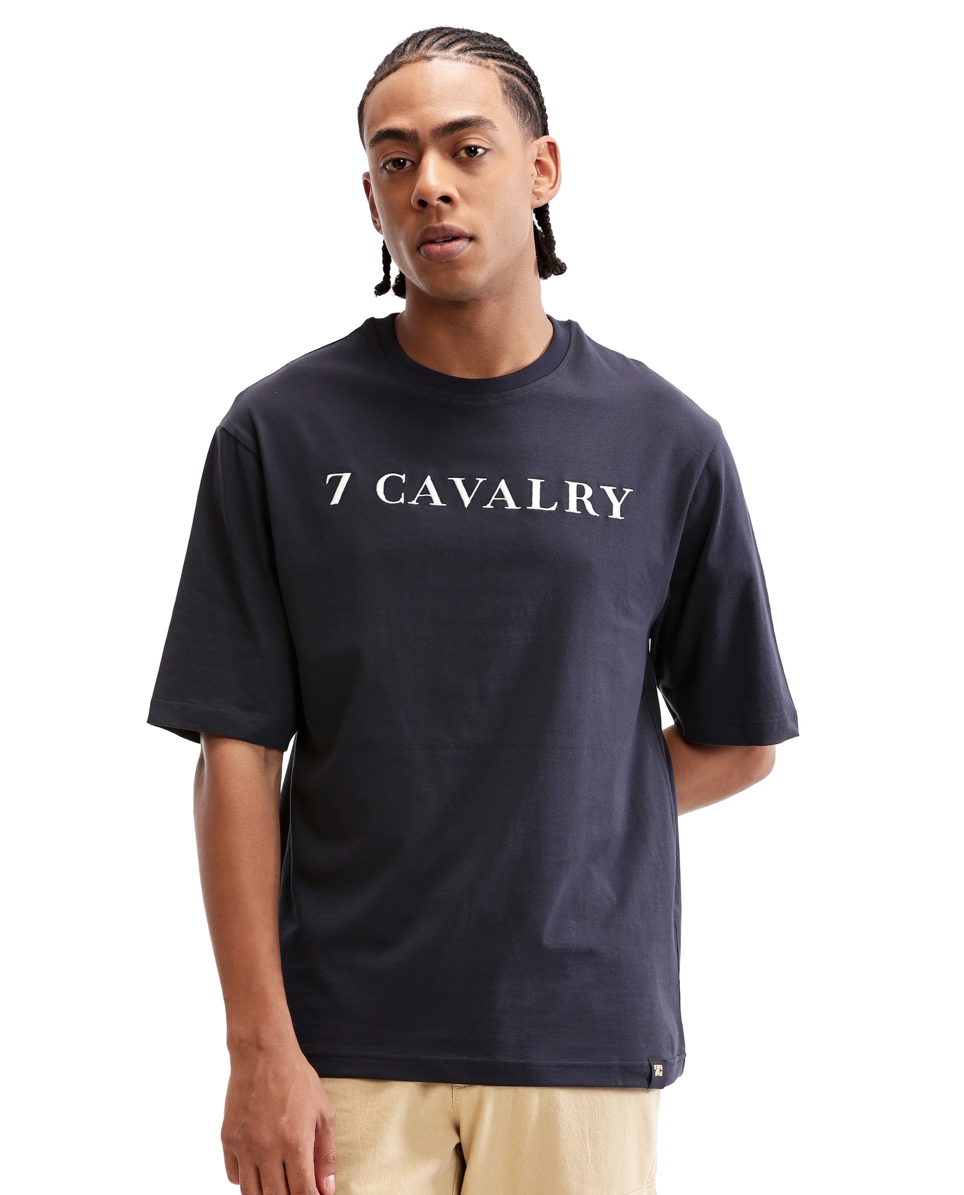 Midnight Navy Blue Single Jersey Crew Neck Oversized T-Shirt with Pure White Embroidery