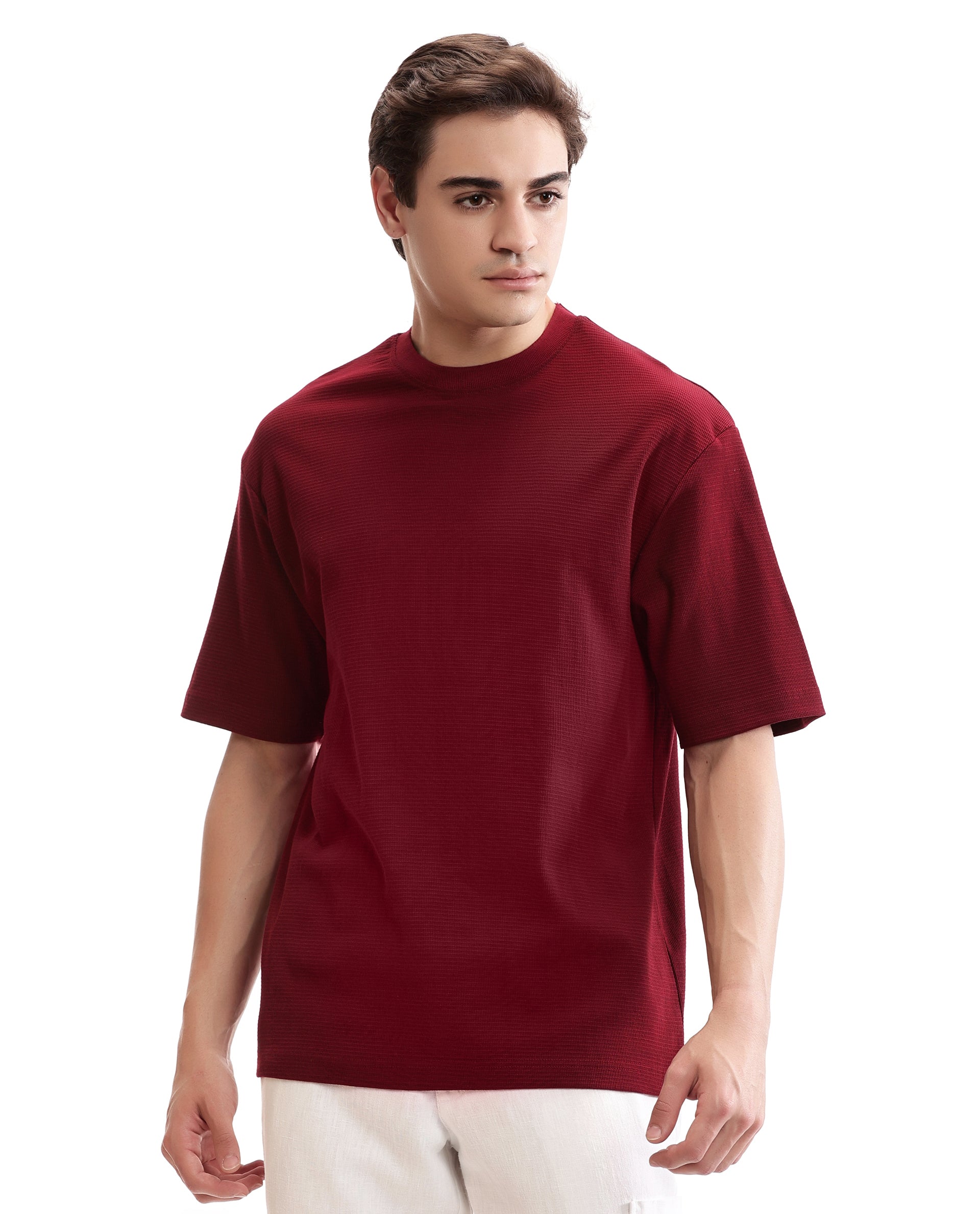 Bordeaux Maroon Knitted Waffle Crew Neck Oversized T-Shirt